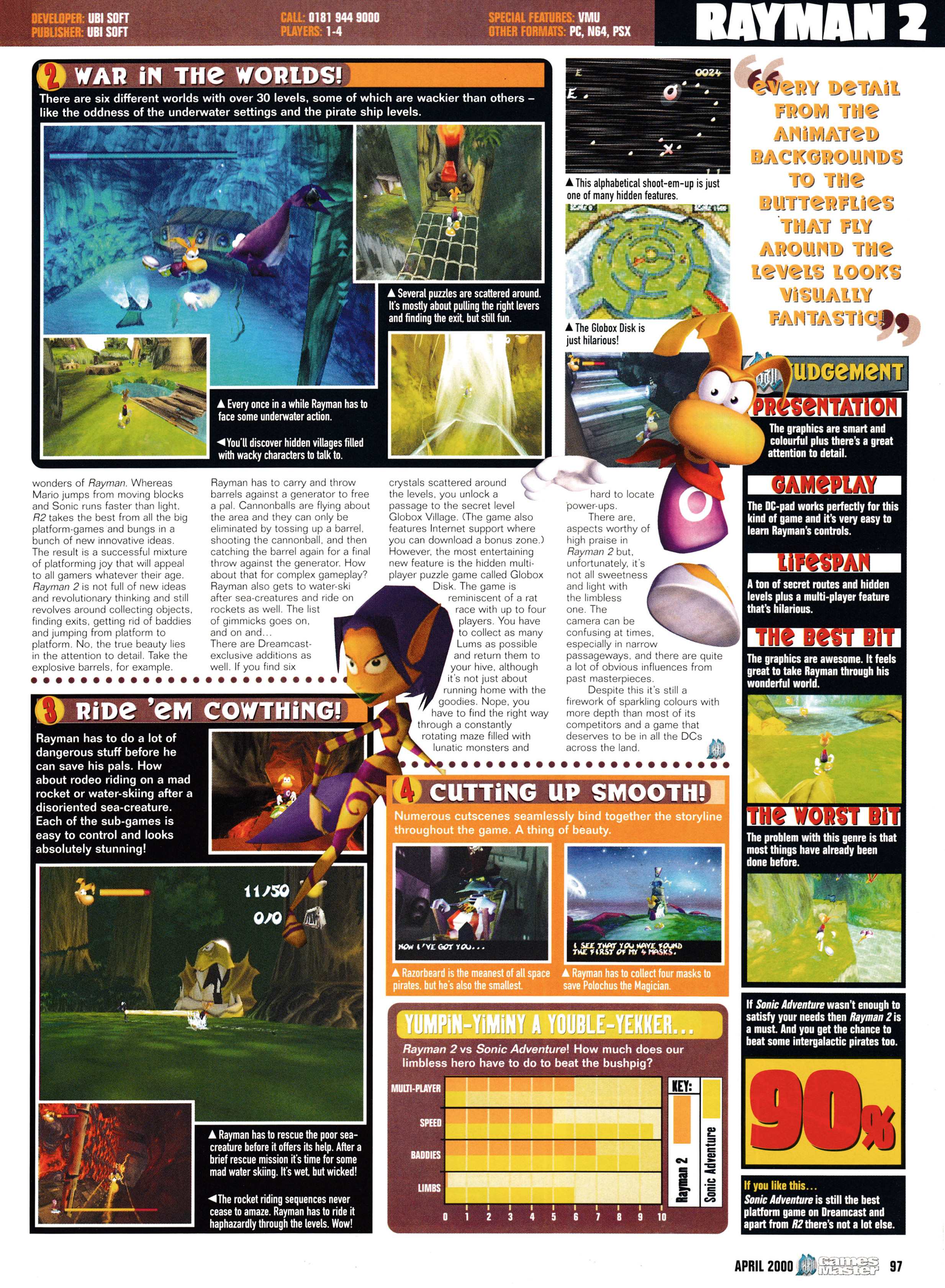 Review for Rayman 2: The Great Escape on Dreamcast. Taken from GamesMaster 93 - April 2000 (UK)    score: 90%