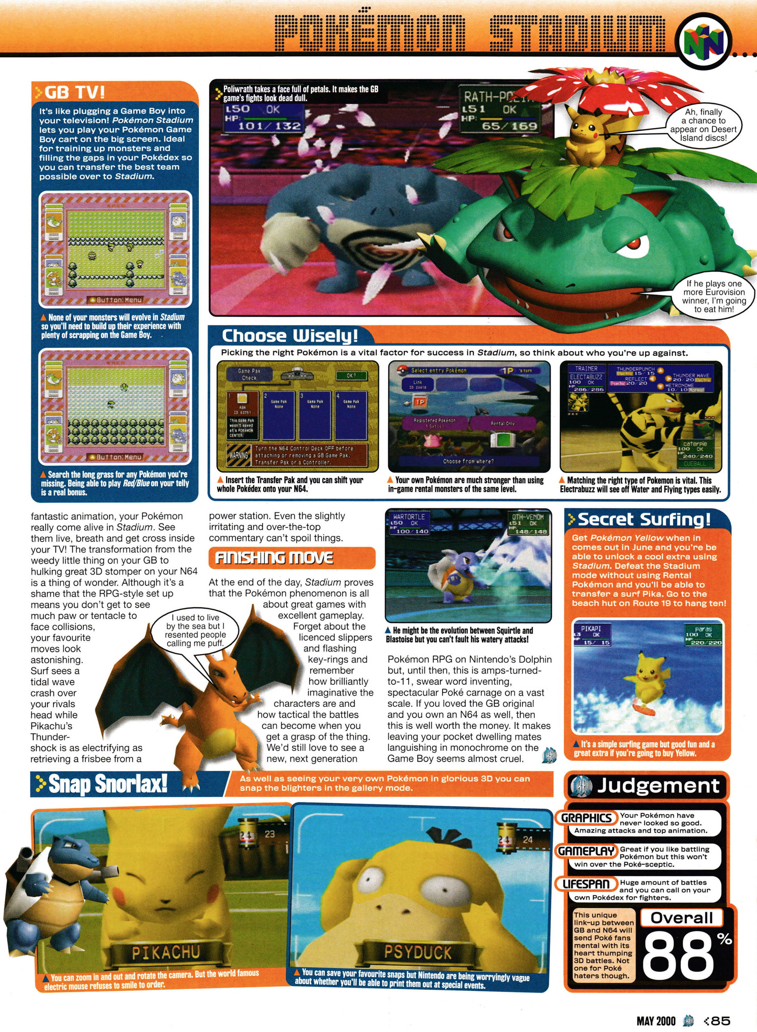 Review for Pomémon Stadium on Nintendo 64. Taken from GamesMaster 94 - May 2000 (UK)   score: 88%