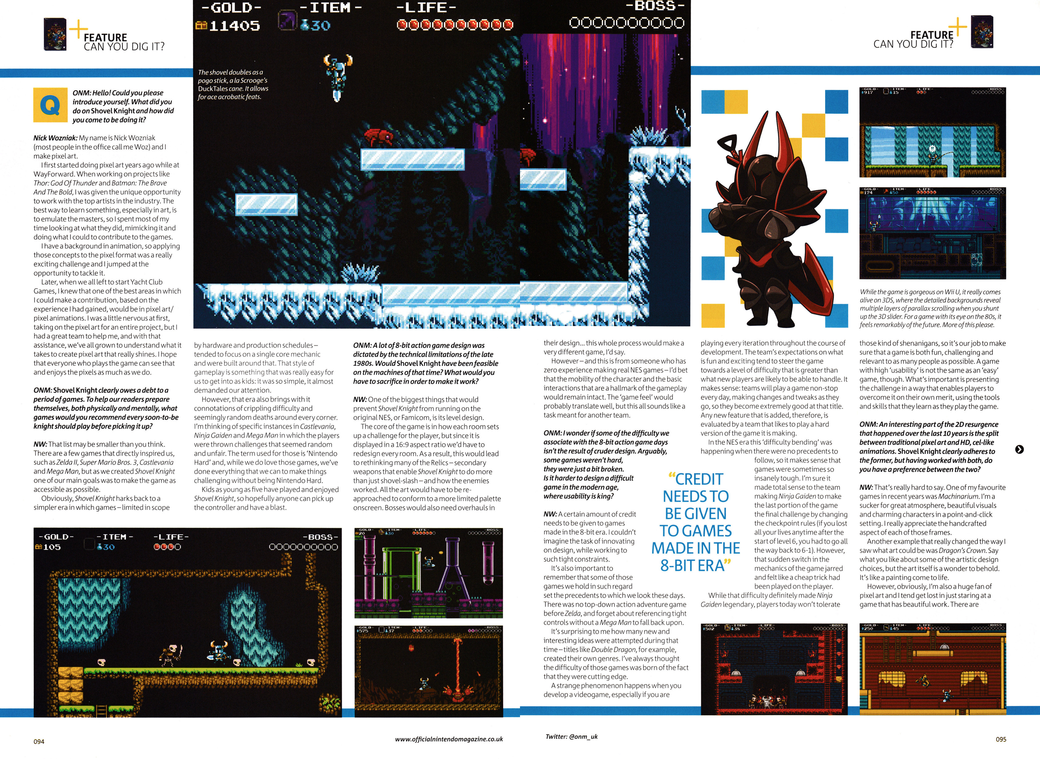 Interview with Nick Wozniak from Yacht Club Games on Shovel Knight. Taken from Official Nintendo Magazine 111 - September 2014 (UK)