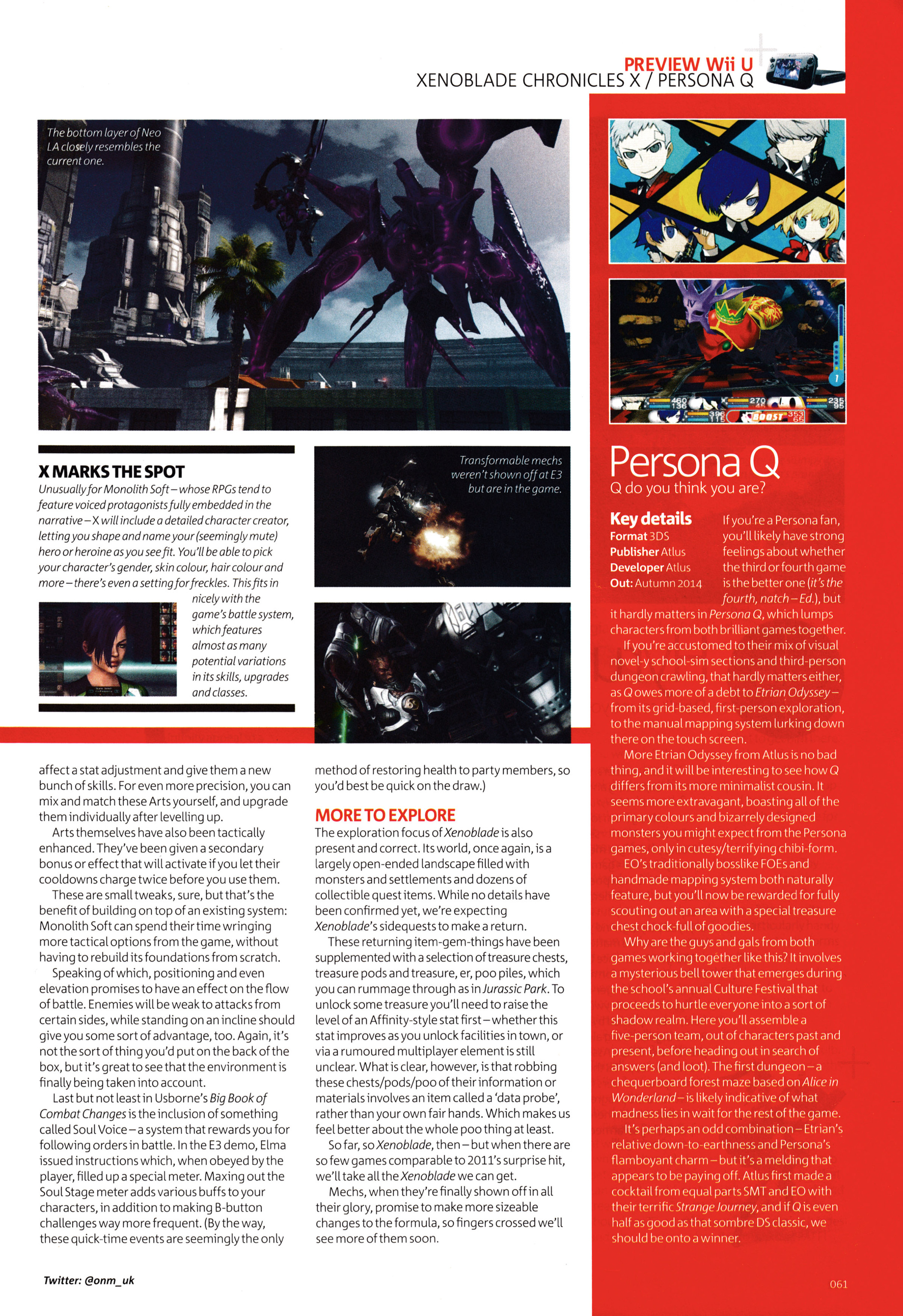 Preview for Xenoblade Cbhronicles X on Wii U and Persona Q on 3DS. Taken from Official Nintendo Magazine 111 - September 2014 (UK)