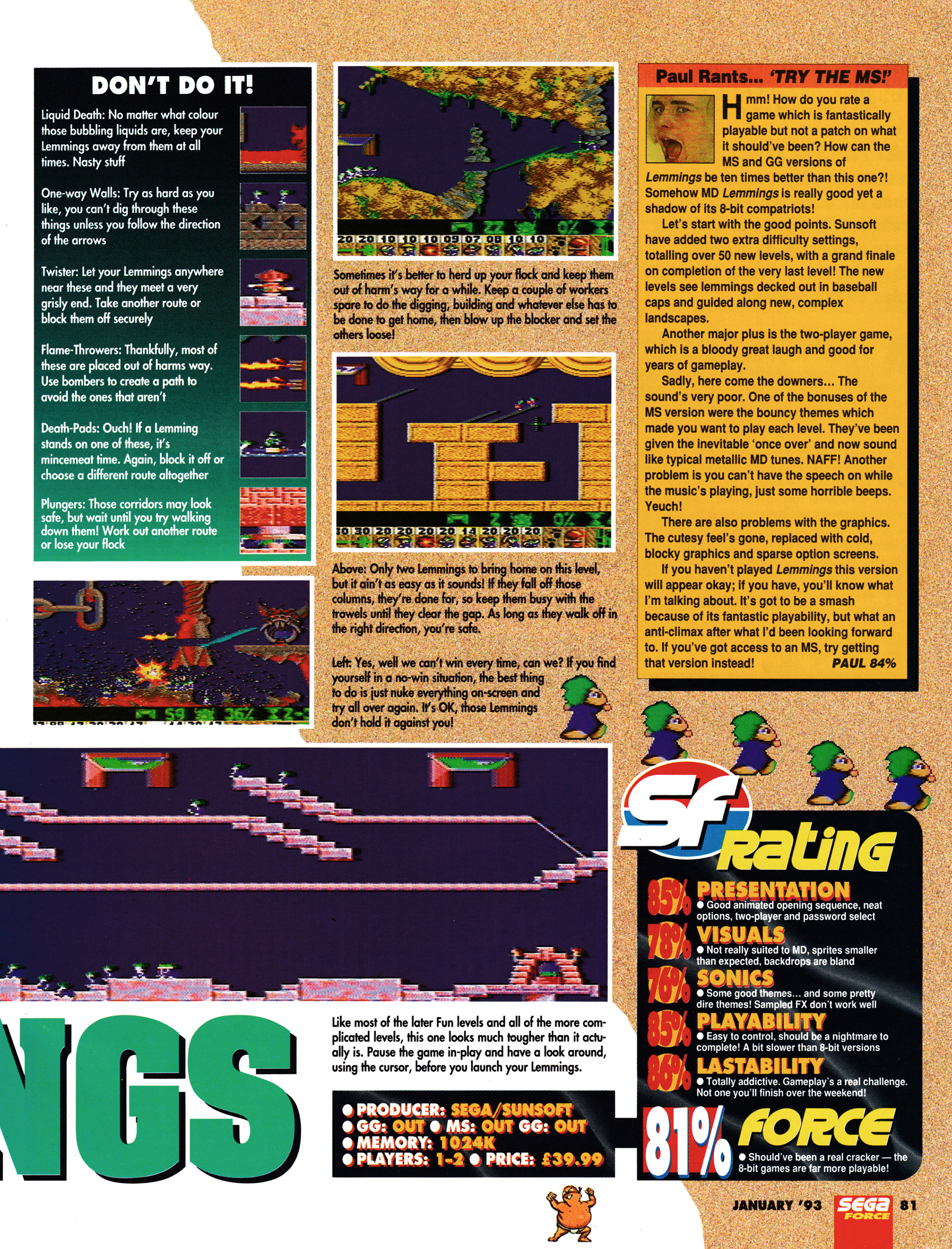 Review for Lemmings on Mega Drive. Taken from Sega Force 13 - January 1993 (UK)  score: 81%