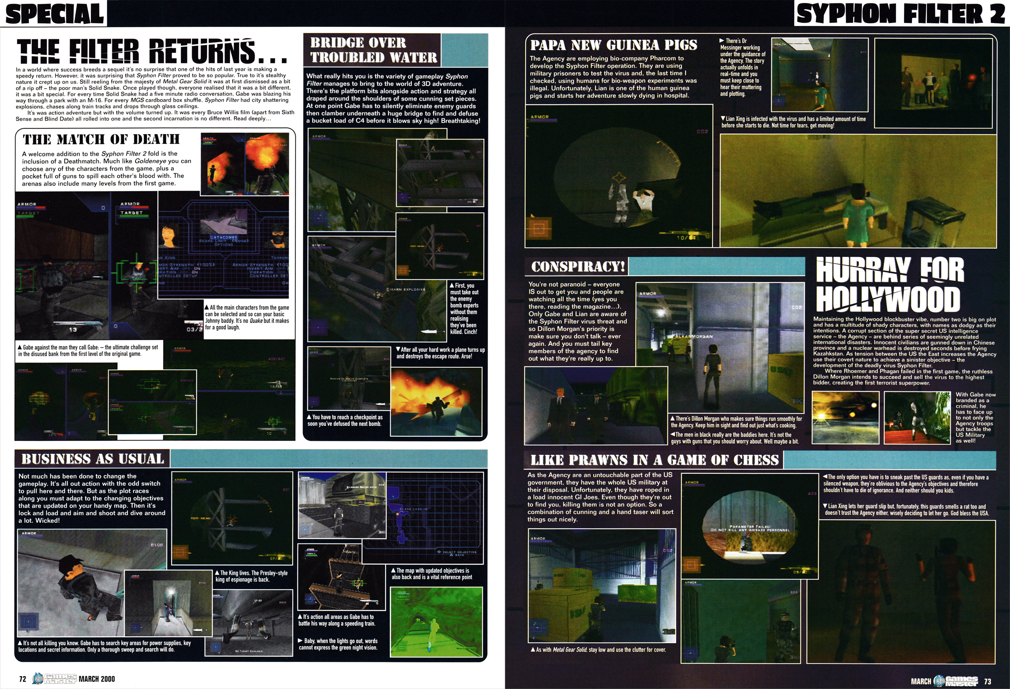 Feature for Syphon Filter 2 on PSone from GamesMaster 92 - March 2000 (UK), including a small interview with Connie Booth from 989 Studios.