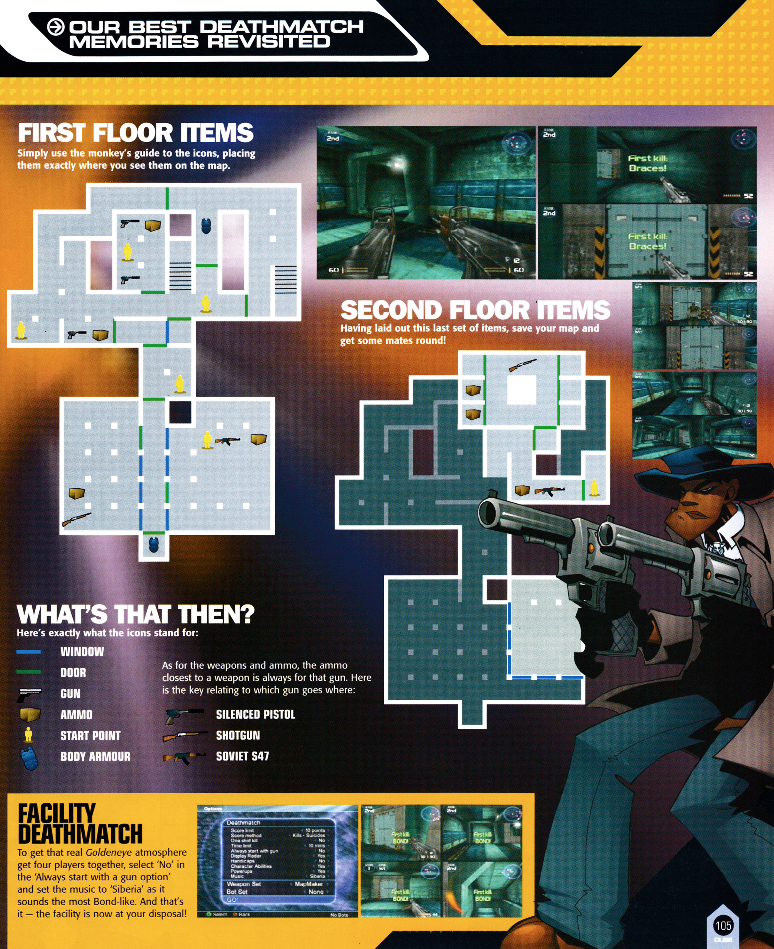 Special guide for TimeSplitters 2 on GameCube , but this can be used on the other versions as well. Showing how to recreate the Facility multiplayer map from GoldenEye 007 on Nintendo 64. Taken from Cube 14 - January 2003 (UK)