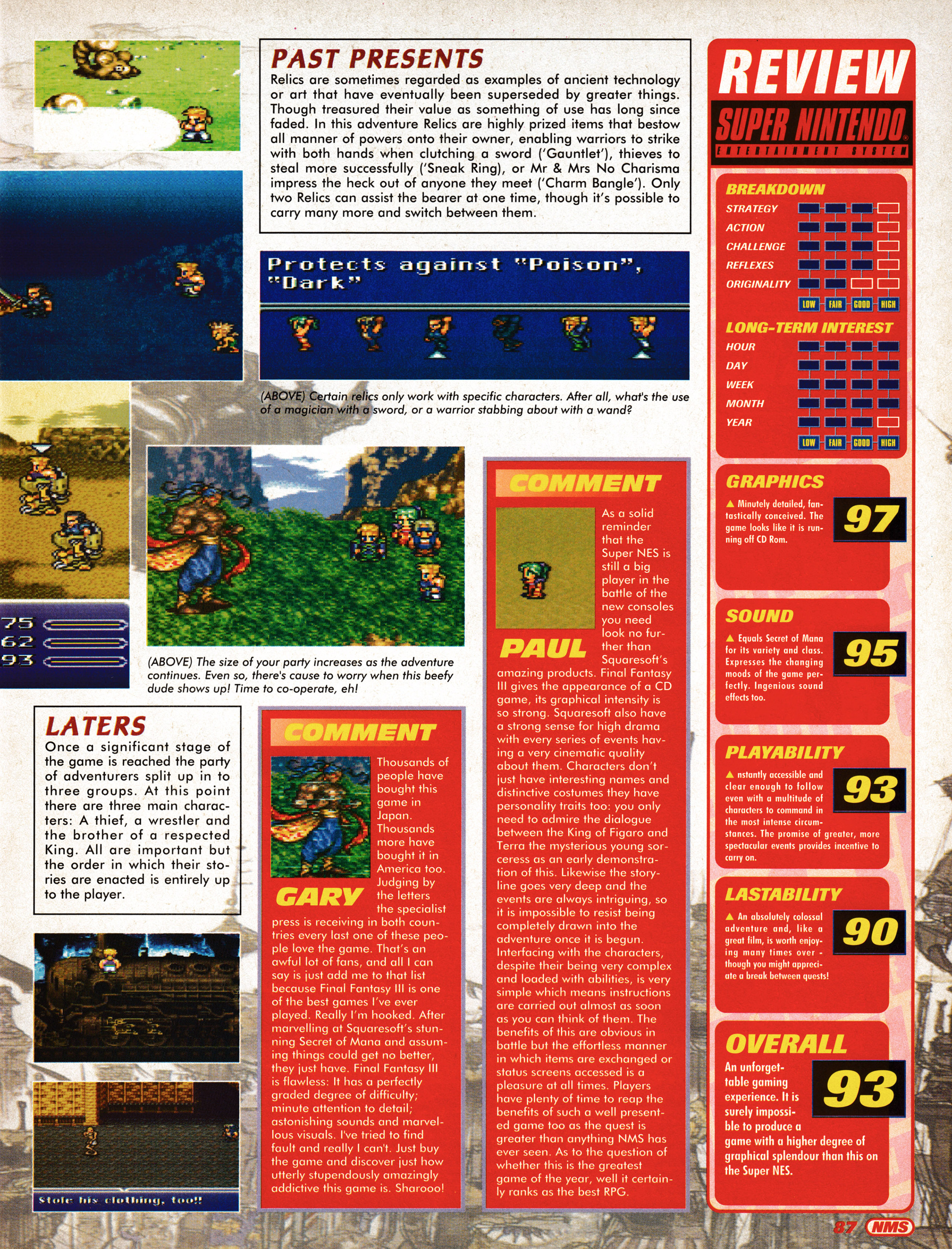 Import review for Final Fantasy 6 on Super Nintendo. Taken from Nintendo Magazine System 27 - December 1994 (UK)  score: 93%