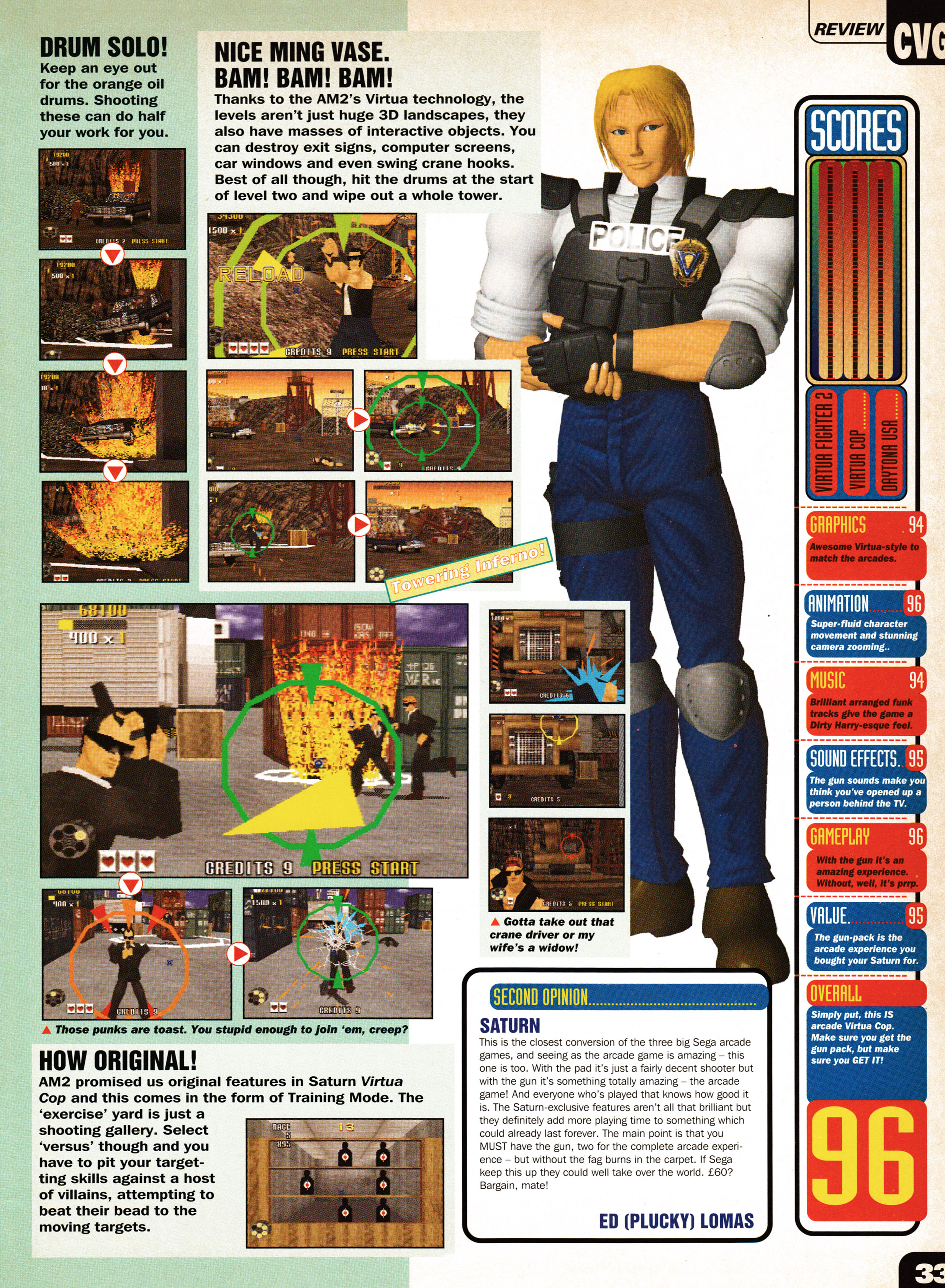 Review for Virtua Cop on Sega Saturn. Taken from CVG 170 - January 1996 (UK)  score: 96%