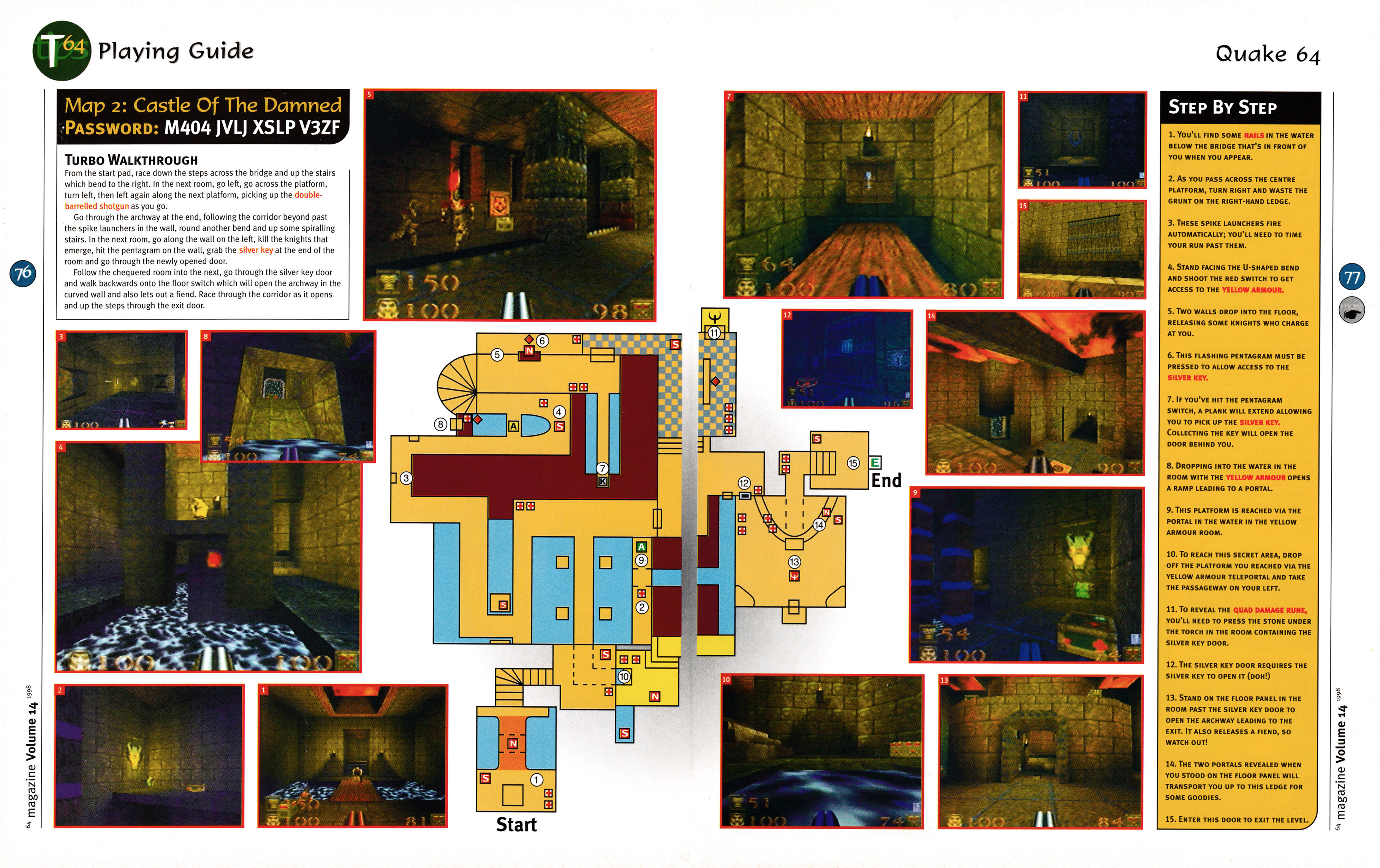 14 page walkthrough for Quake on Nintendo 64 from 64 Magazine 14 - June 1998 (UK) 