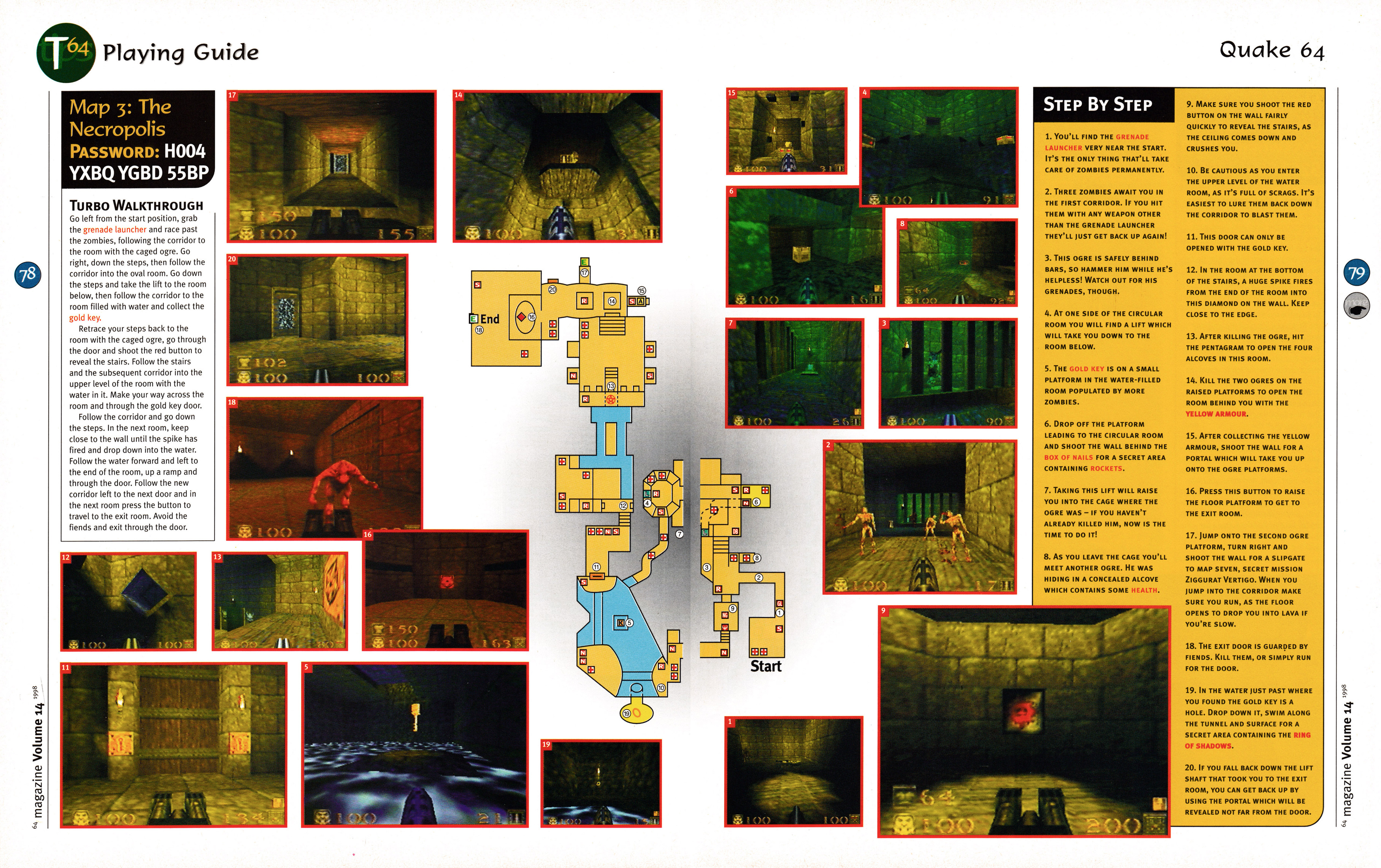 14 page walkthrough for Quake on Nintendo 64 from 64 Magazine 14 - June 1998 (UK) 