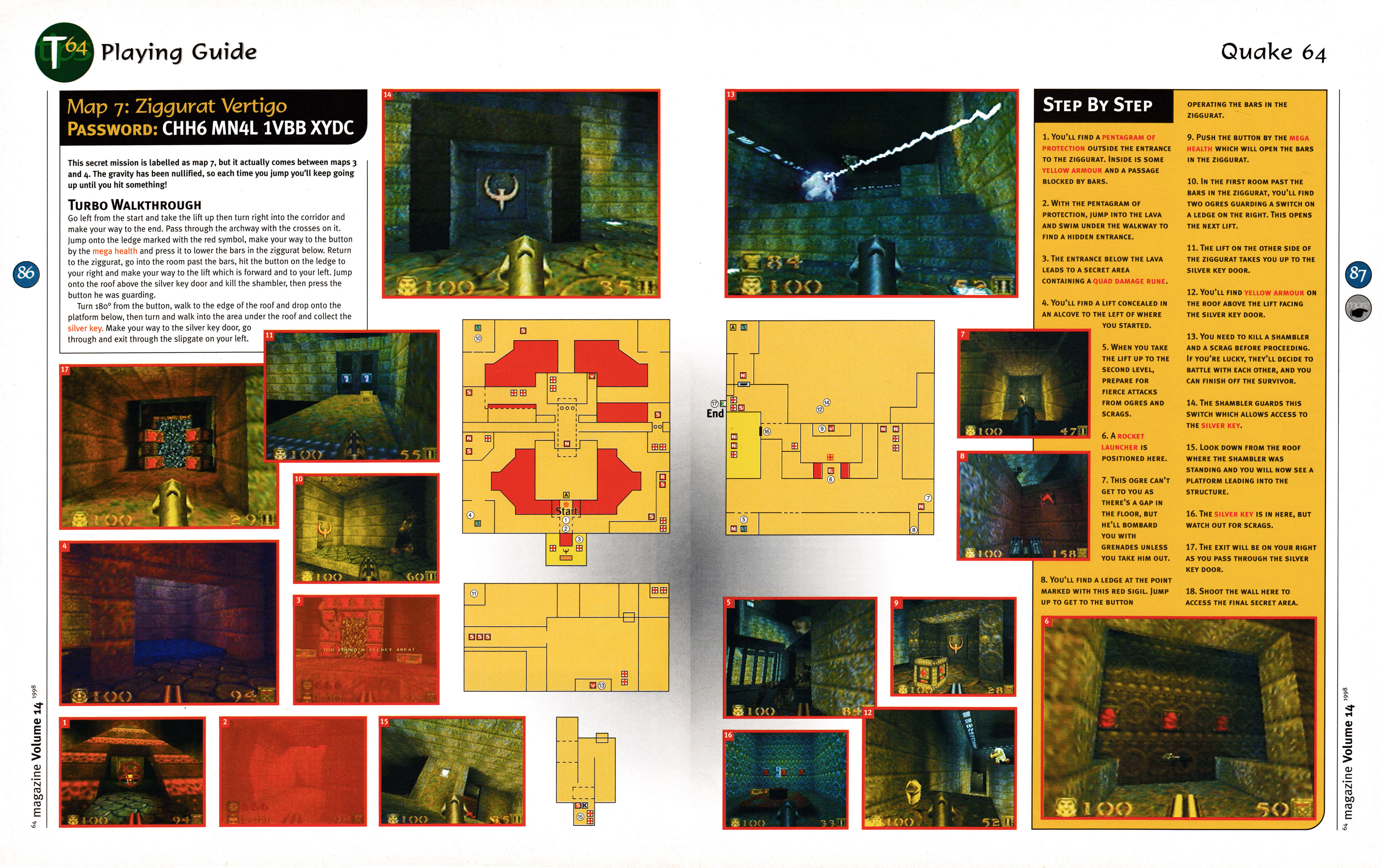  14 page walkthrough for Quake on Nintendo 64 from 64 Magazine 14 - June 1998 (UK) 