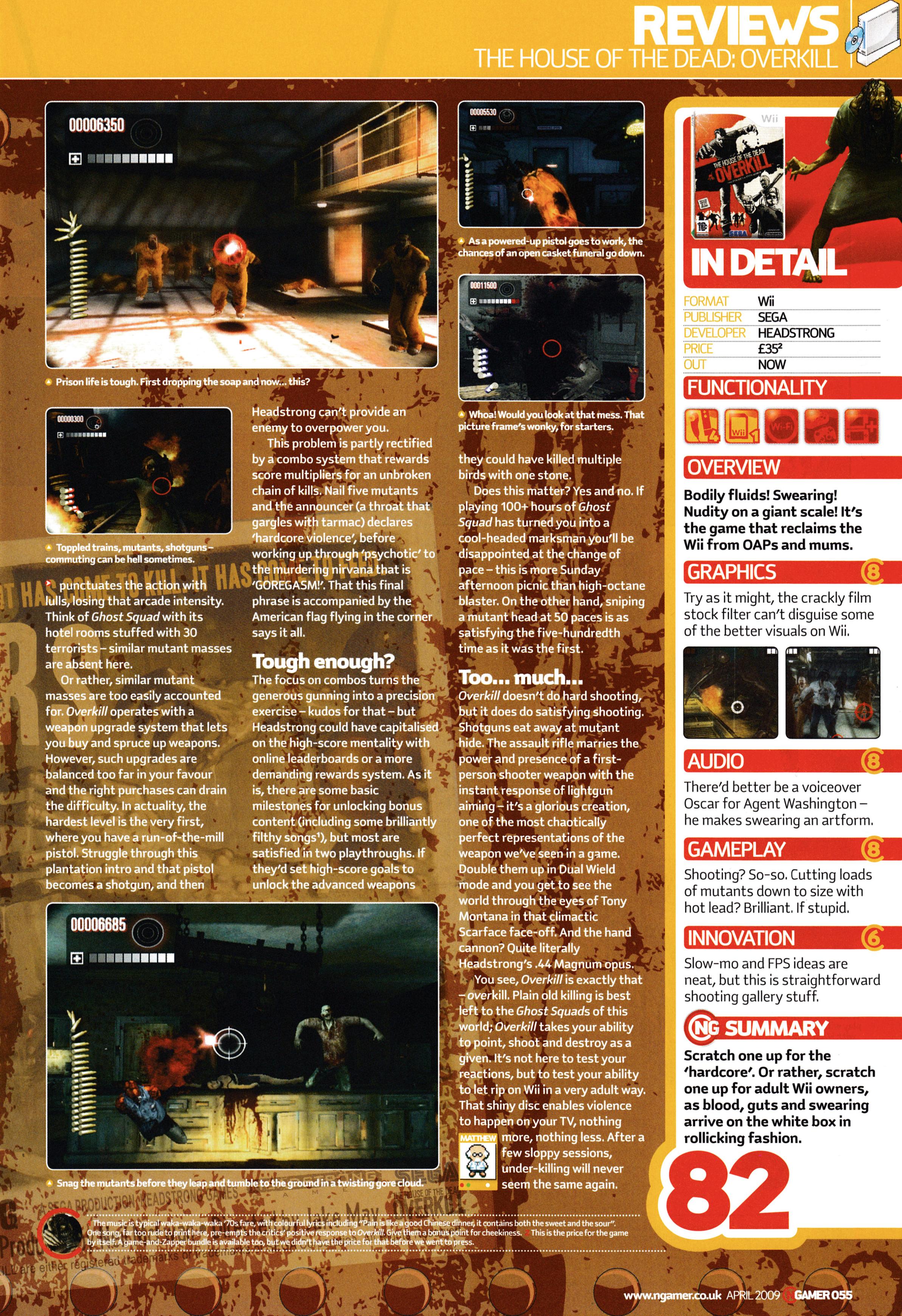 Review for The House of the Dead Overkill on Wii from NGamer 34 - April 2009 (UK)  score: 82%