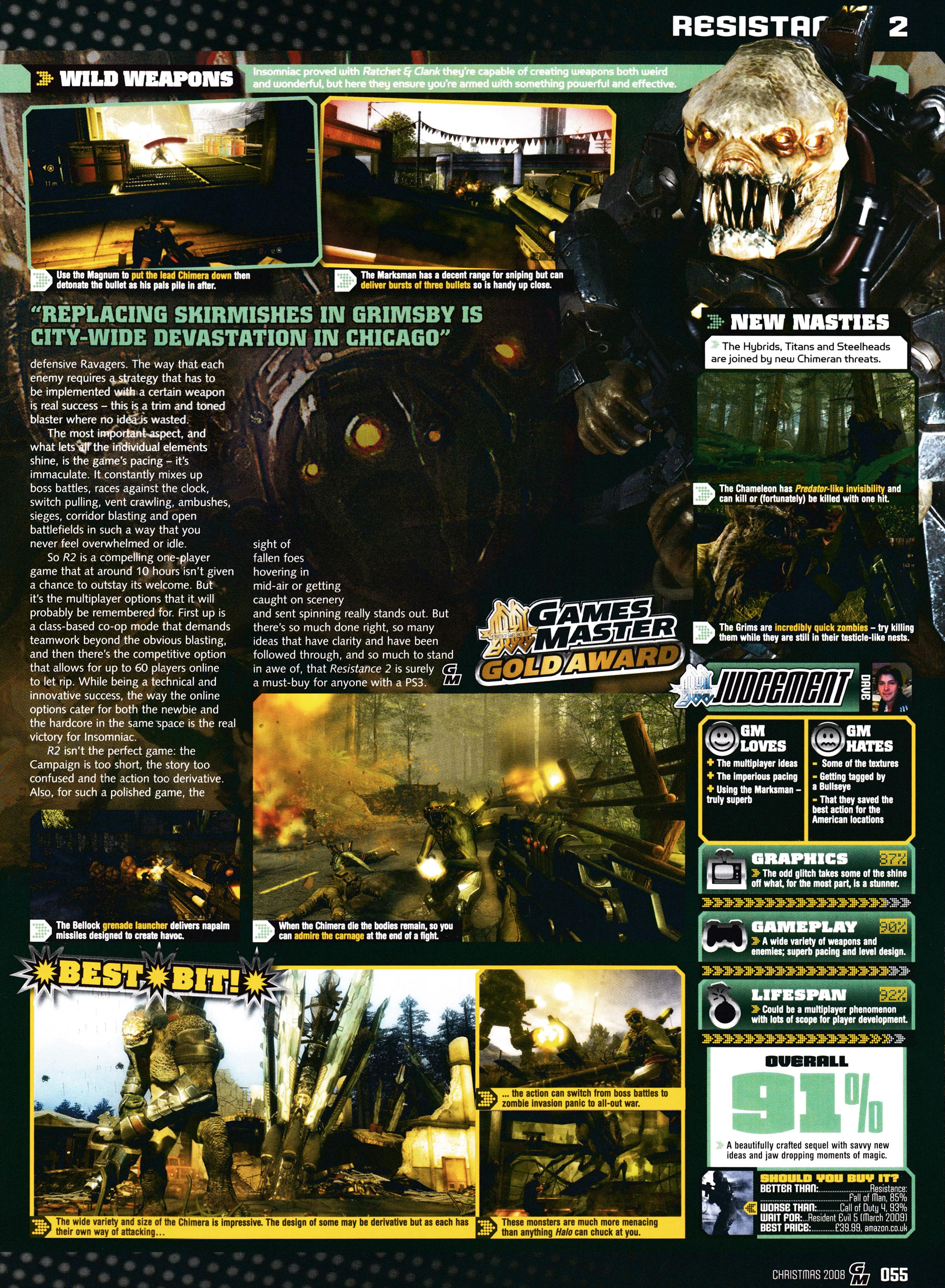 Review for Resistance 2 on PlayStation 3. Taken from GamesMaster 206 - Christmas 2008 (UK)   score: 91%