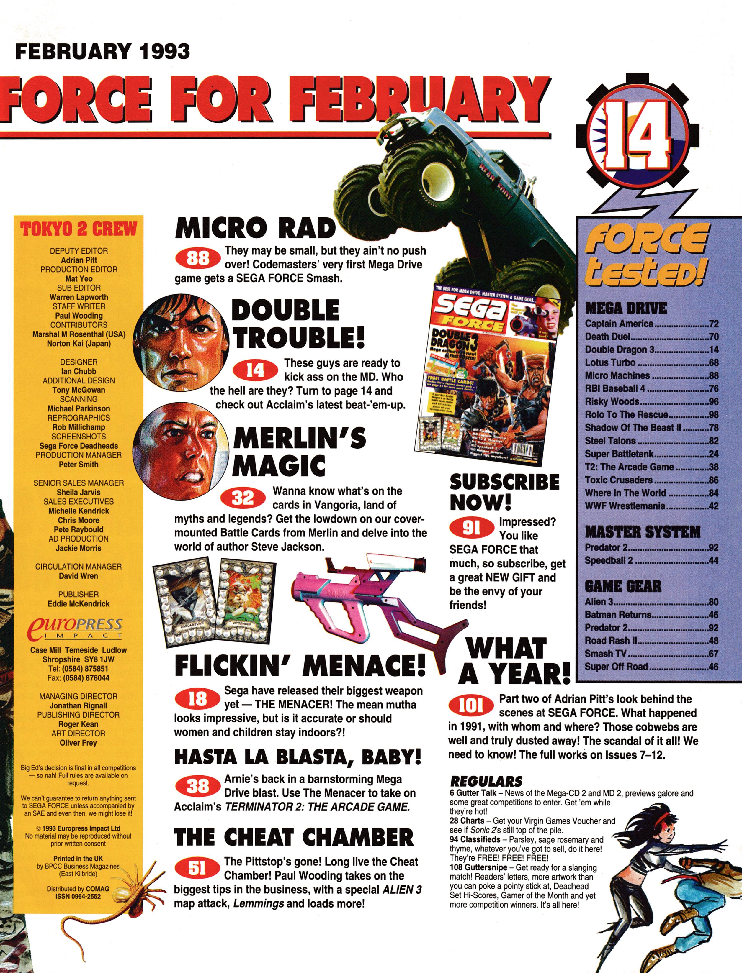 And the contents pages for Sega Force 14 - February 1993 (UK)