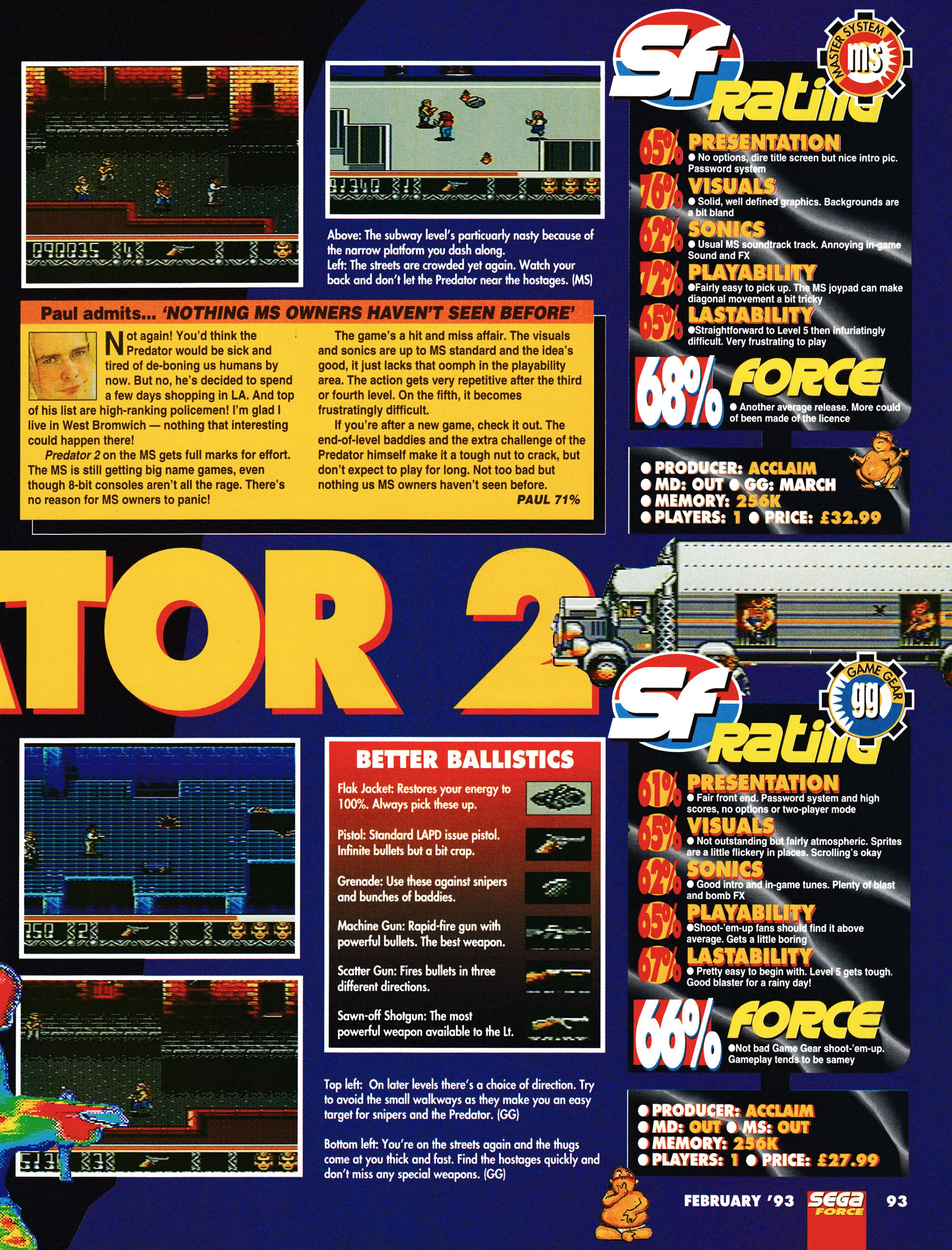 Review for Predator 2 on Sega Master System and Game Gear from Sega Force 14 - February 1993 (UK)  score: 66%