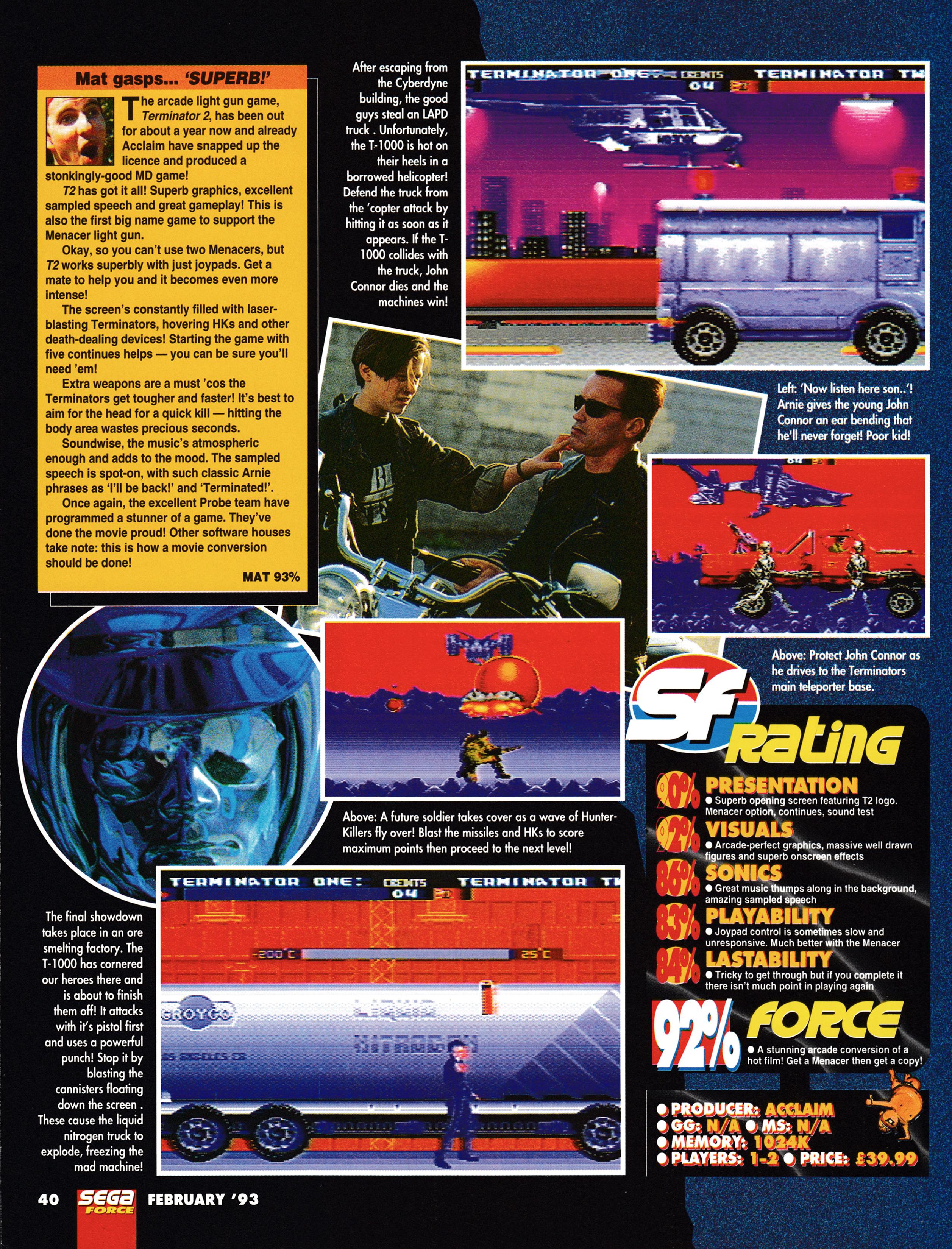 Review for Terminator 2 The Arcade Game on Mega Drive from Sega Force 14 - February 1993 (UK)  score: 92%