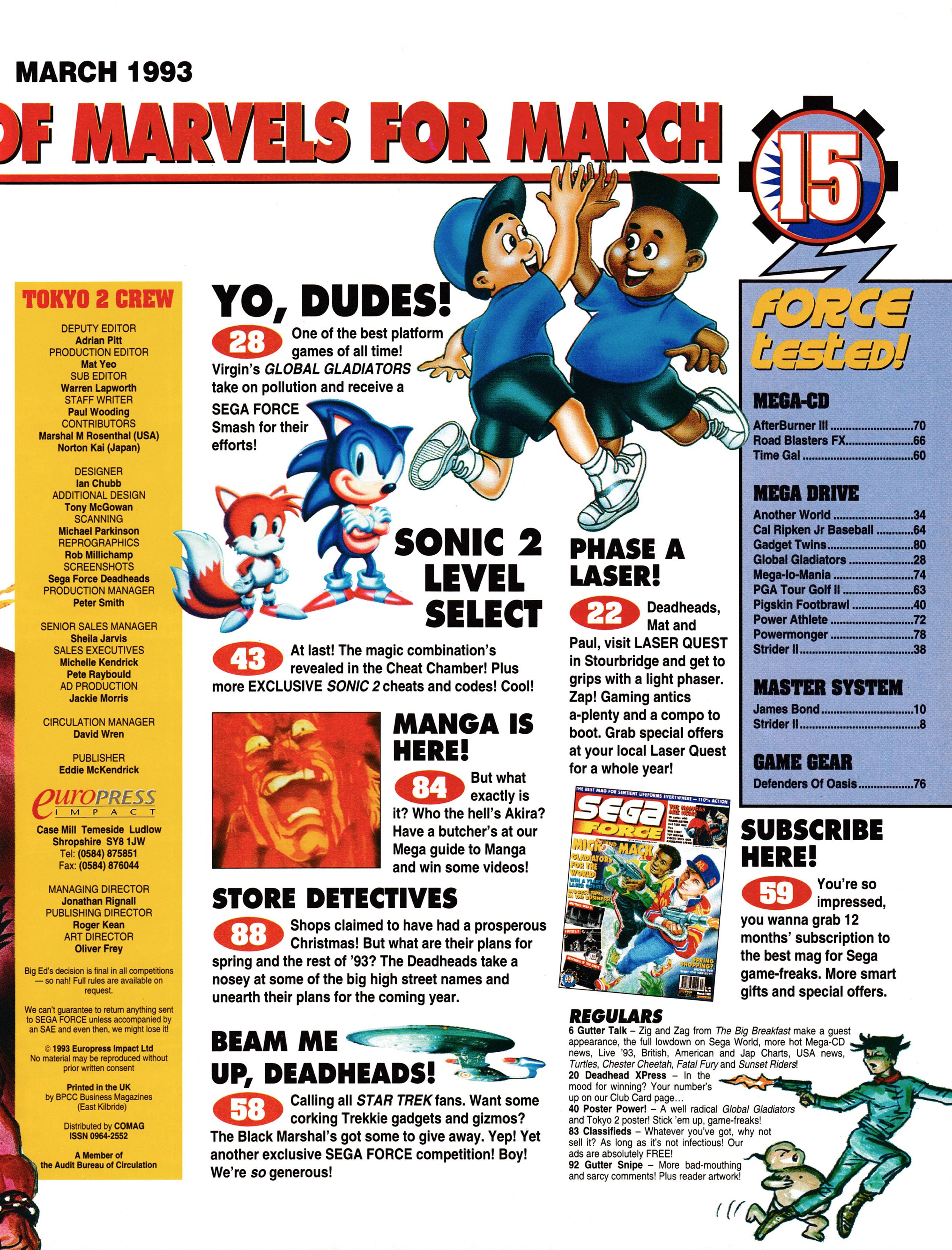 And the contents pages for Sega Force 15 - March 1993 (UK)