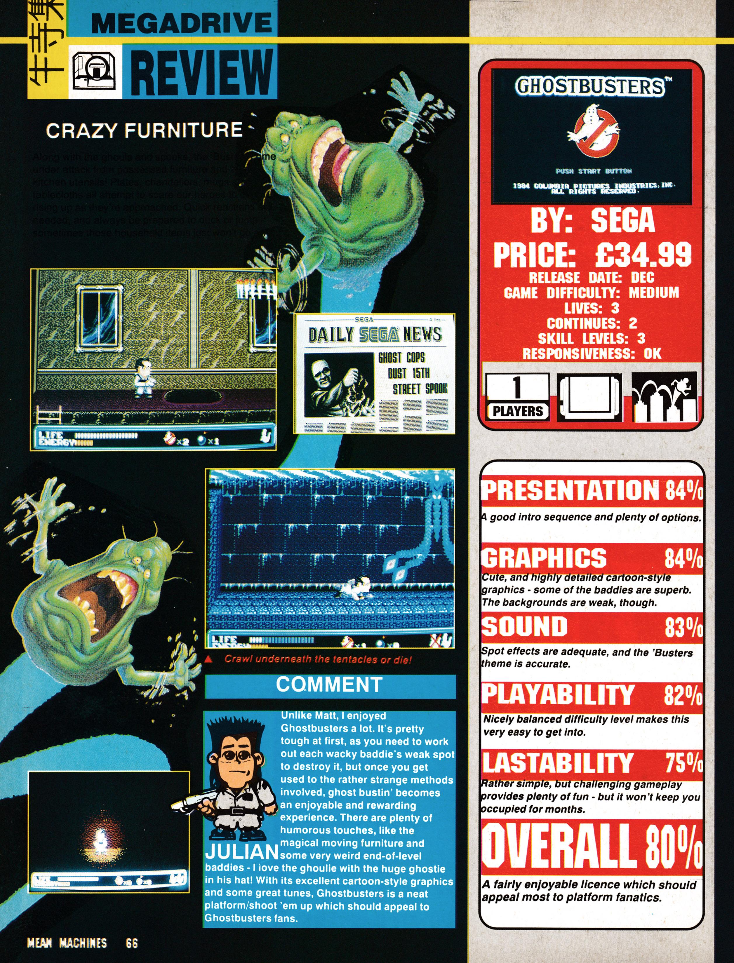 Review for Ghostbusters on Mega Drive from Mean Machines 3 - December 1990 (UK)  score: 80%