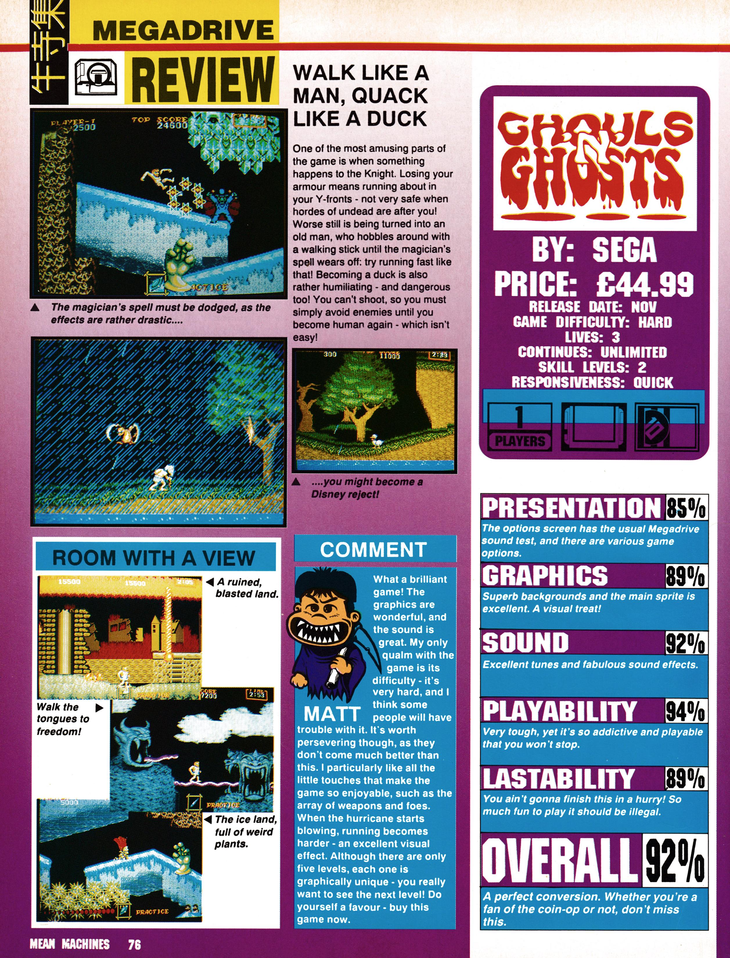 Review for Ghouls 'N' Ghosts on Mega Drive from Mean Machines 1 - October 1990 (UK)  score:  92%