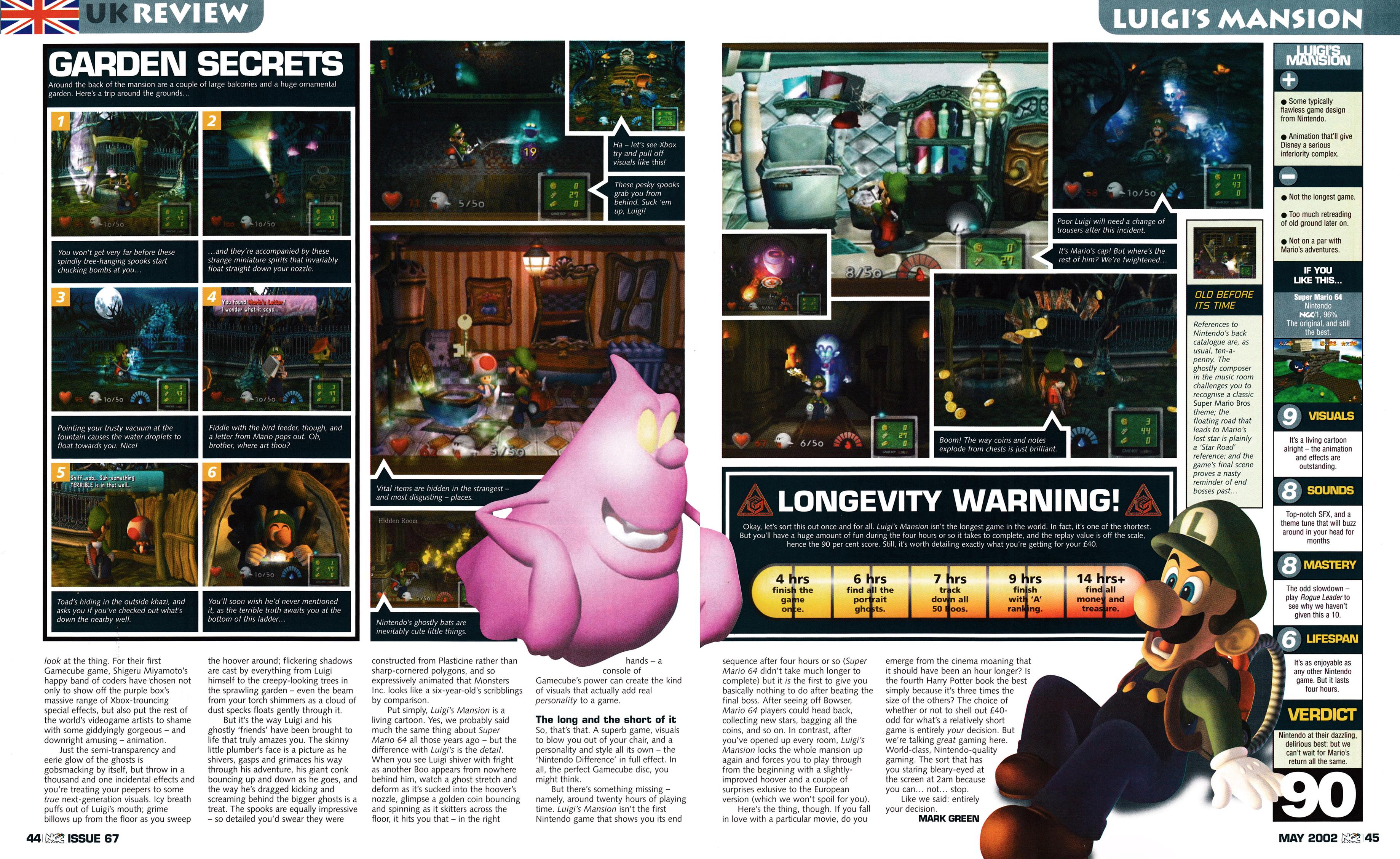 Review for Luigi's Mansion on GameCube from NGC Magazine 67 - May 2002 (UK)  score: 90%