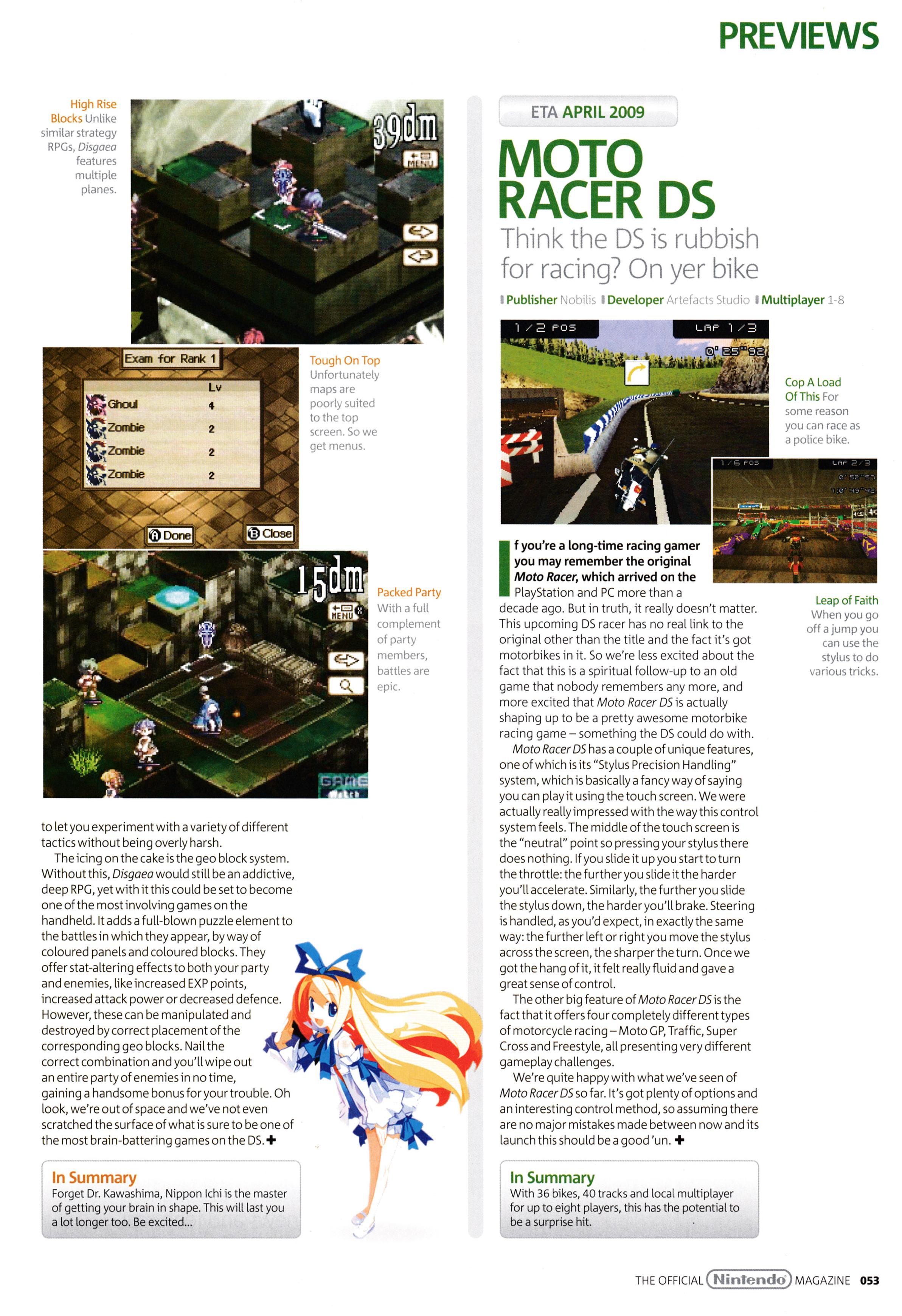 Preview for Disgaea DS and Moto Racer DS on Nintendo DS. Taken from Official Nintendo Magazine 40 - March 2009 (UK)