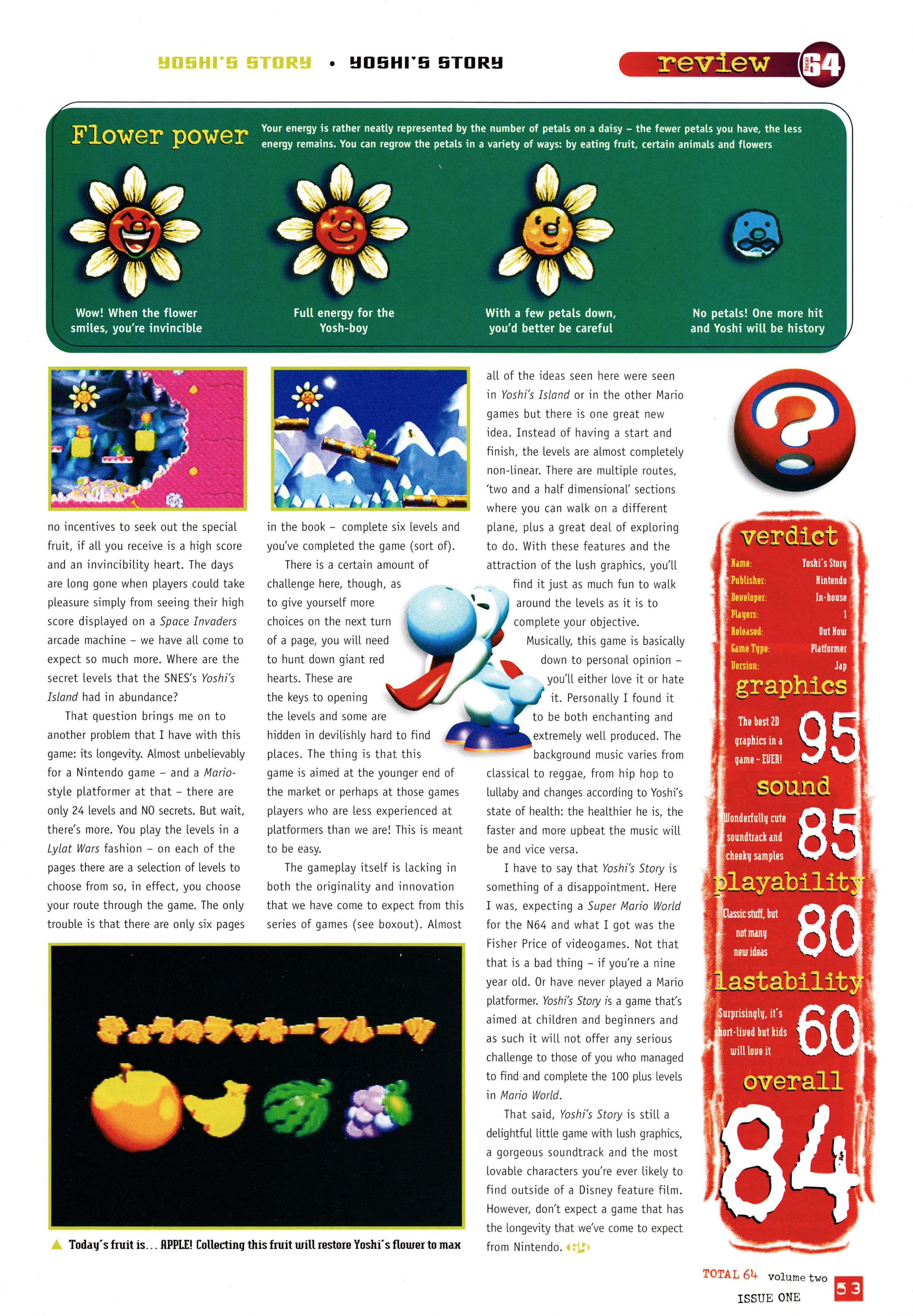 Review for Yoshi's Story on Nintendo 64 from Total 64 No.13 Volume 2 Issue 1 - February 1998 (UK)  score: 84%