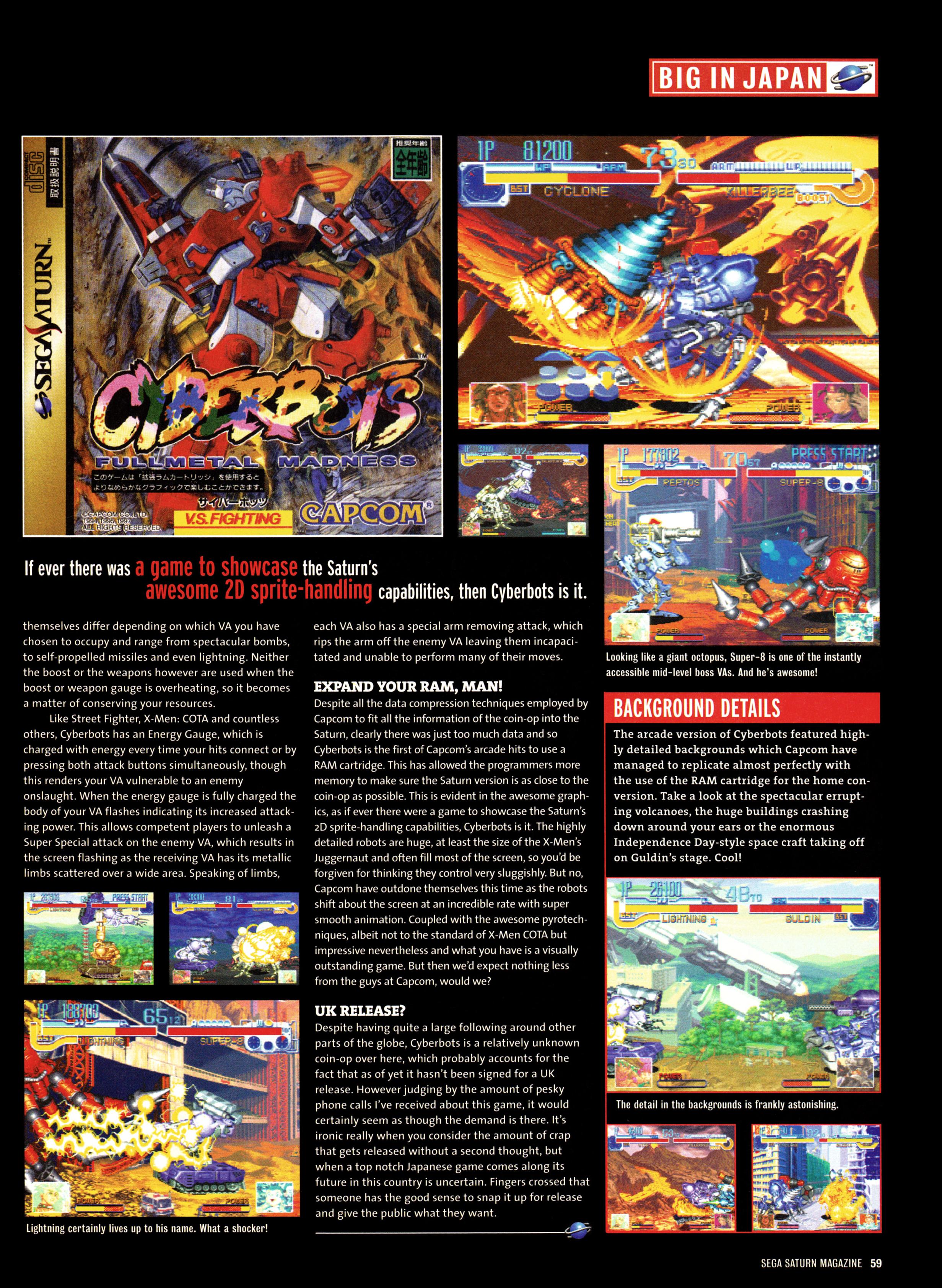 Big in Japan feature on Cyberbots for Sega Saturn from Official Sega Saturn Magazine 20 - June 1997 (UK)