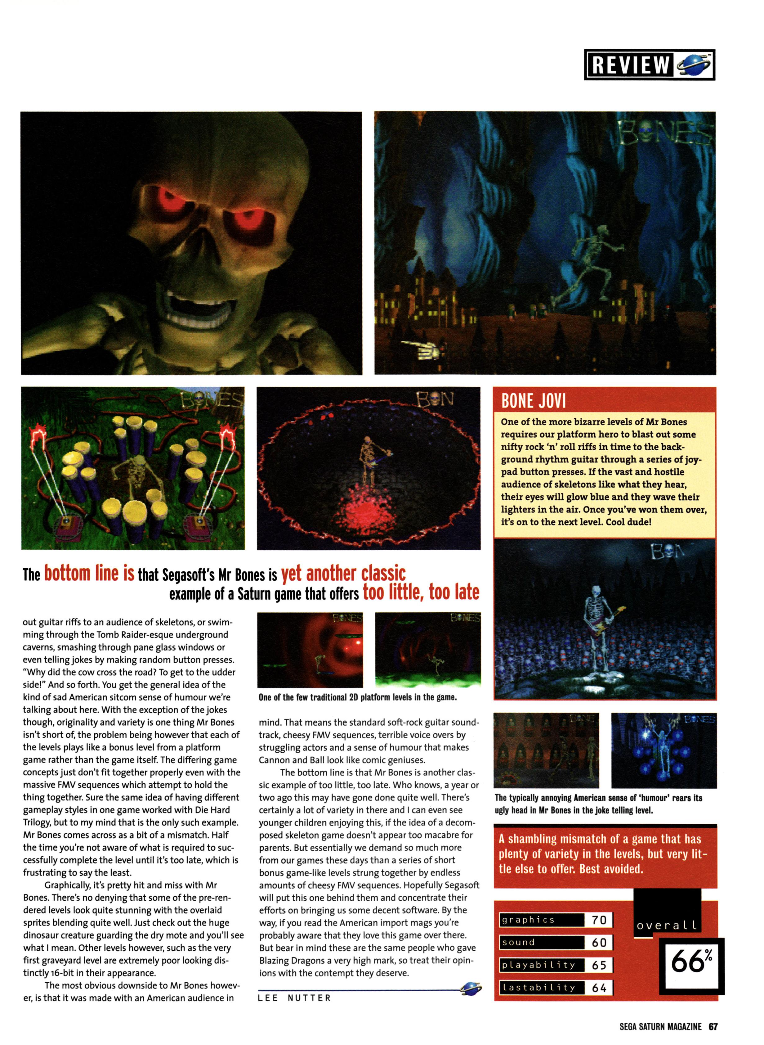 A little late with this one, but here is the review for Mr. Bones on Sega Saturn from Official Sega Saturn Magazine 20 - June 1997 (UK)  score: 66%