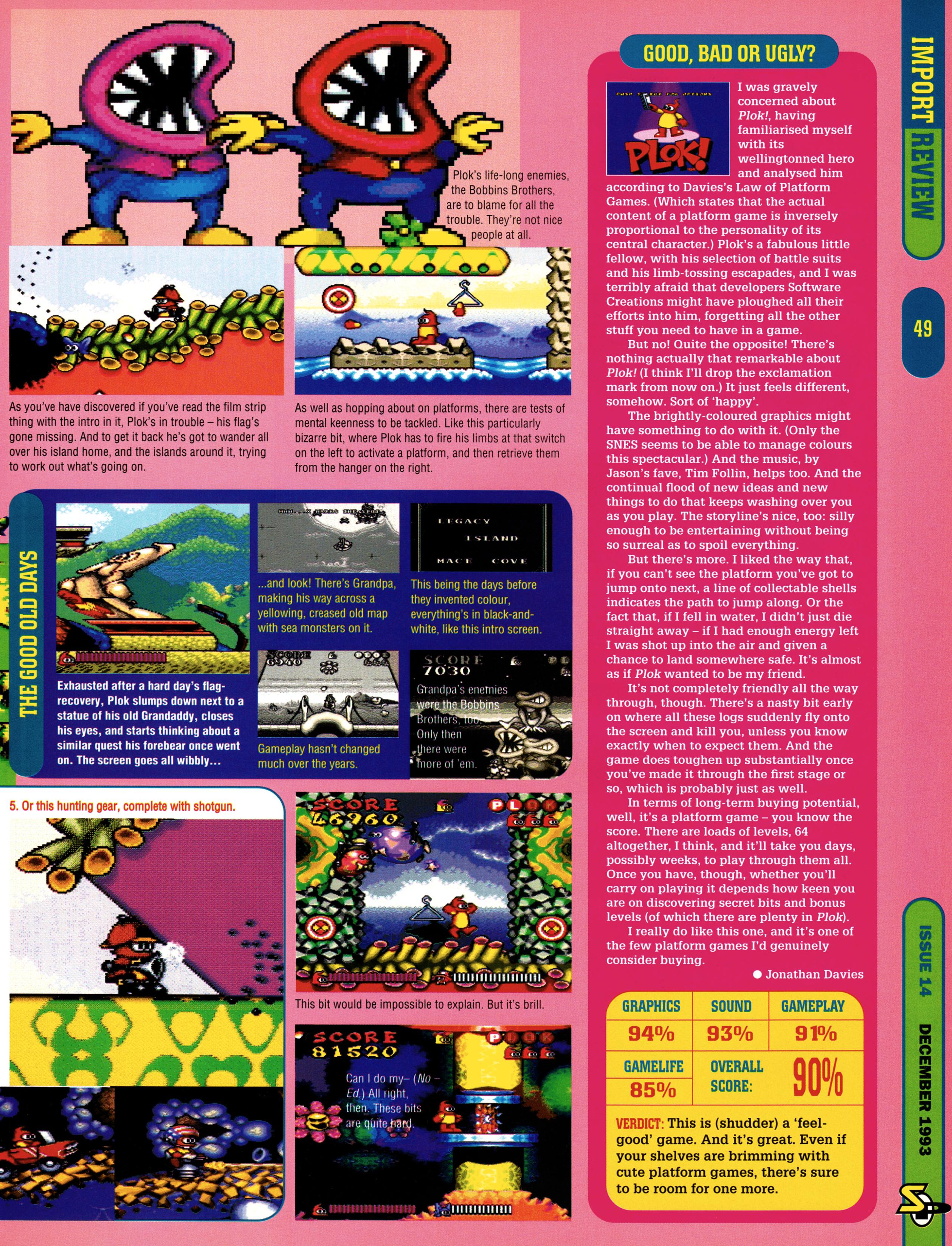 Review for Plok! on Super Nintendo from Super Play 14 - December 1993 (UK)  score: 90%