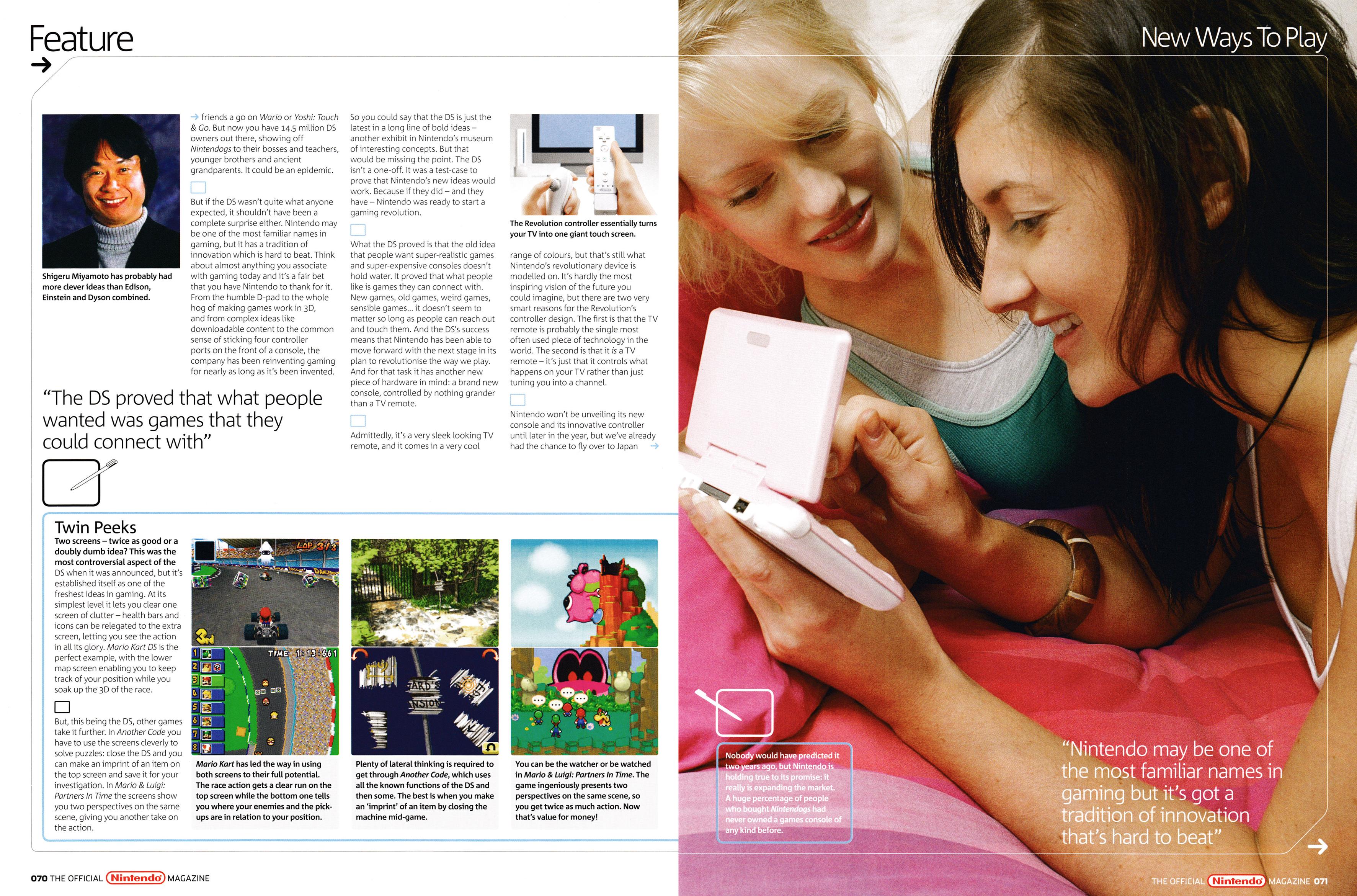 Large 12-page feature titled: New Ways to Play. Focussing on the Nintendo DS and Wii. Taken from Official Nintendo Magazine 1 - March 2006 (UK)