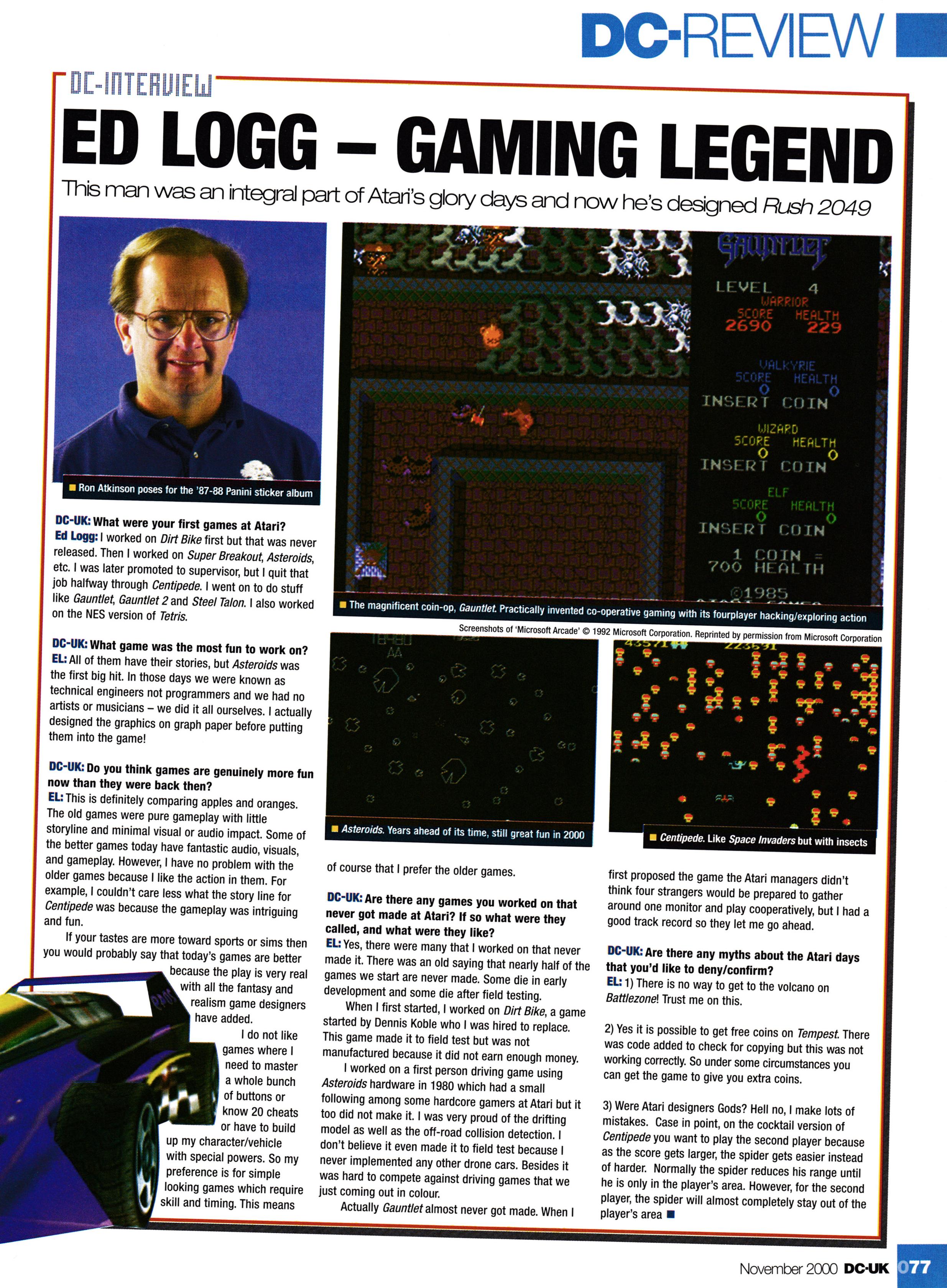 Review for San Fransisco Rush 2049 on Sega Dreamcast, including an interview with Ed Logg. Taken from DC-UK 15 - November 2000 (UK)  score: 7/10