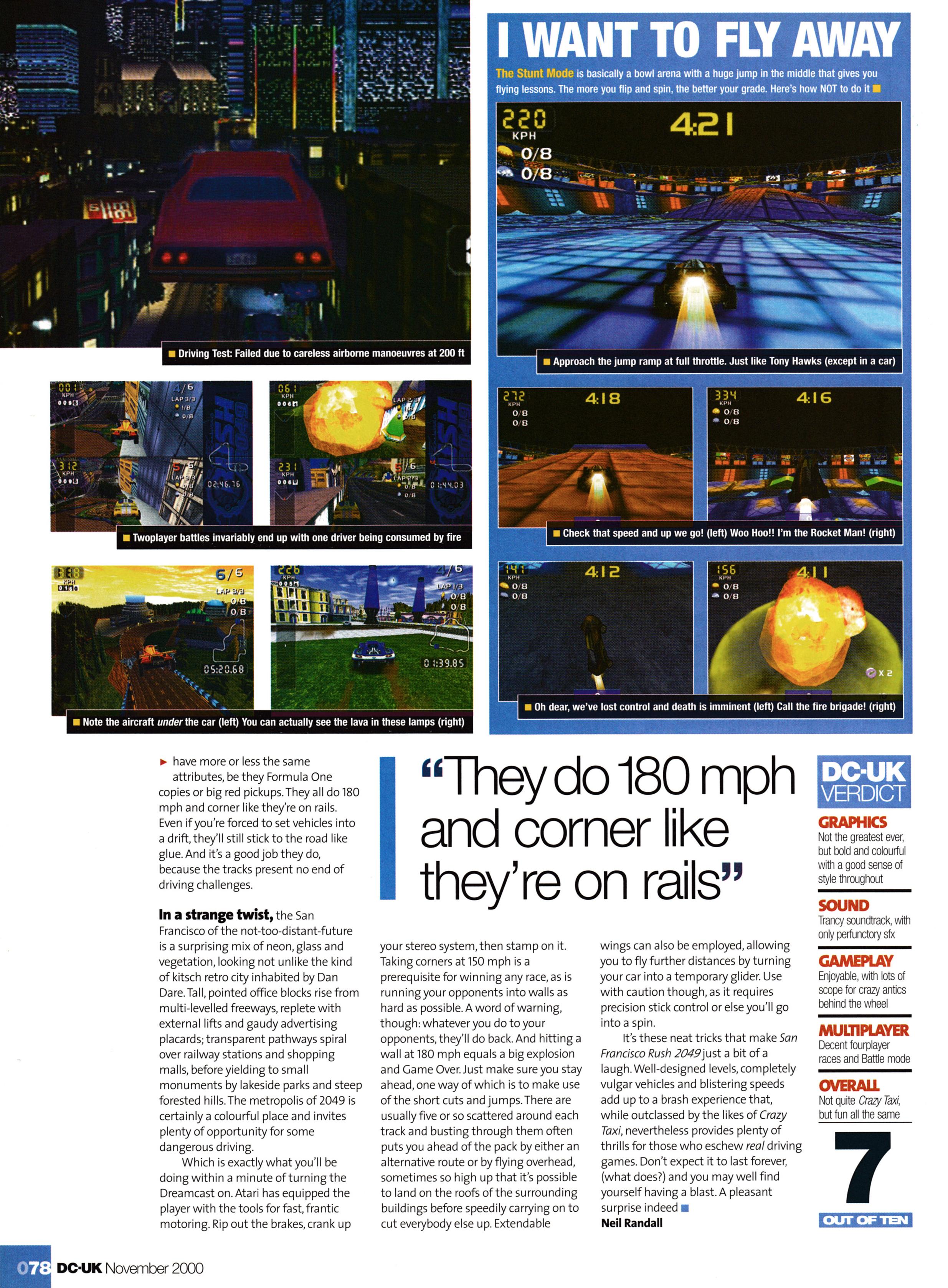 Review for San Fransisco Rush 2049 on Sega Dreamcast, including an interview with Ed Logg. Taken from DC-UK 15 - November 2000 (UK)  score: 7/10