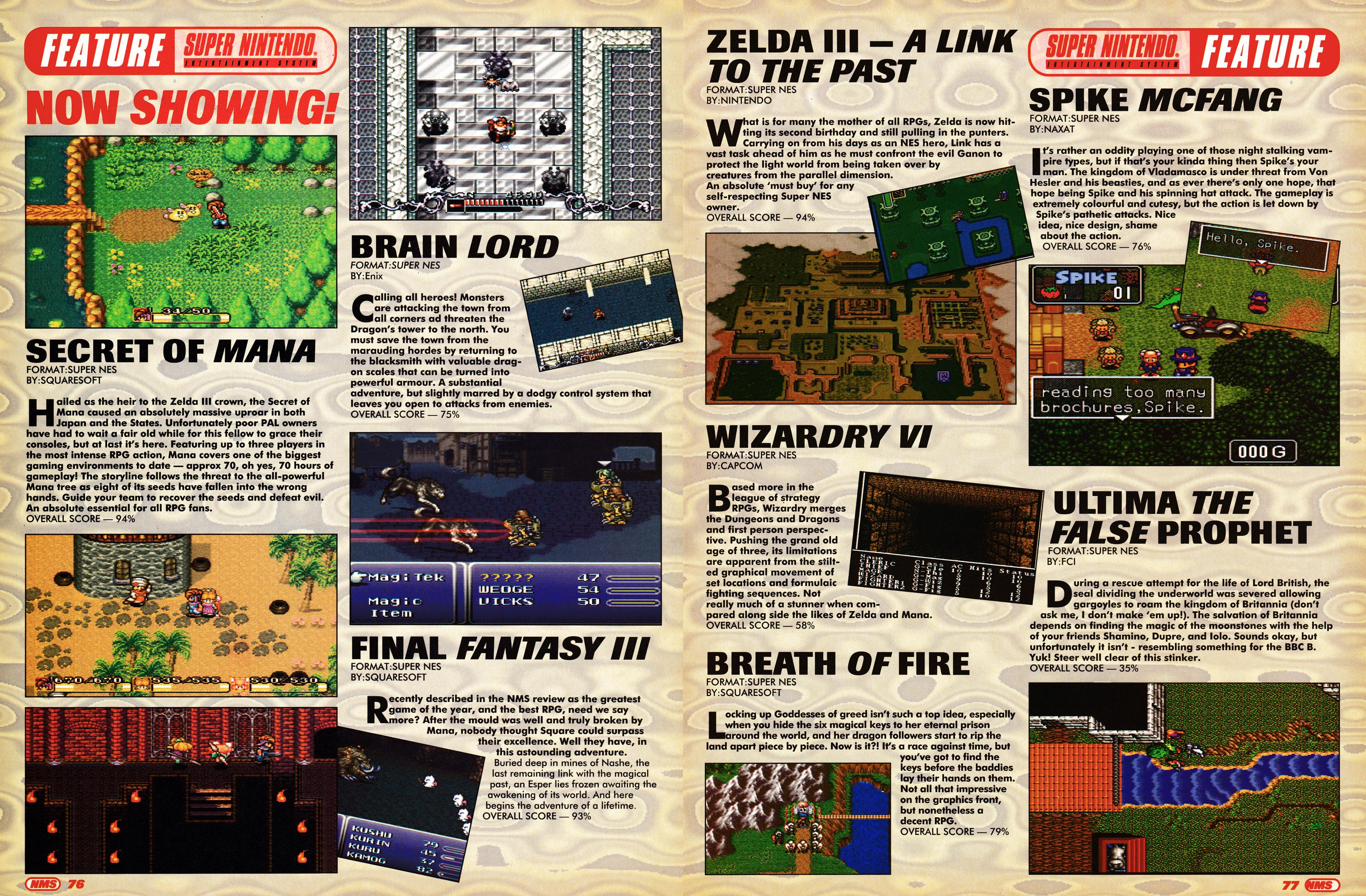 A nice big RPG feature, including Secret of Mana, Chrono Trigger, Illusion of Time, Dragon Quest IV and many more on Super Nintendo. Taken from Nintendo Magazine System 29 - February 1995 (UK) 