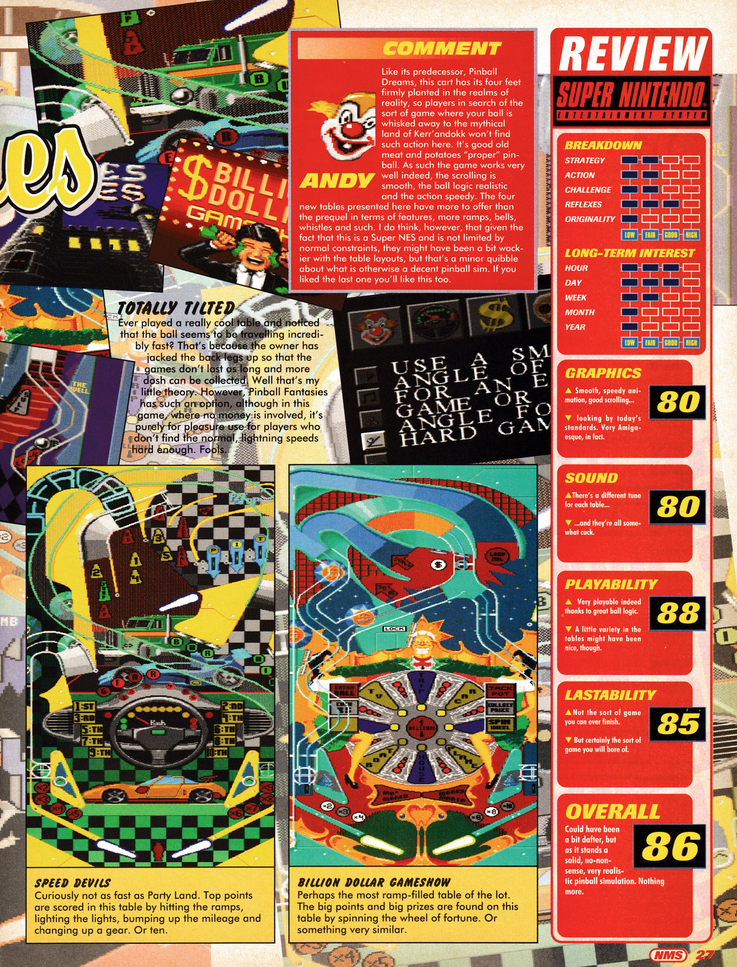 Review for Pinball Fantasies on Super Nintendo. Taken from Nintendo Magazine System 29 - February 1995 (UK)  score: 86%