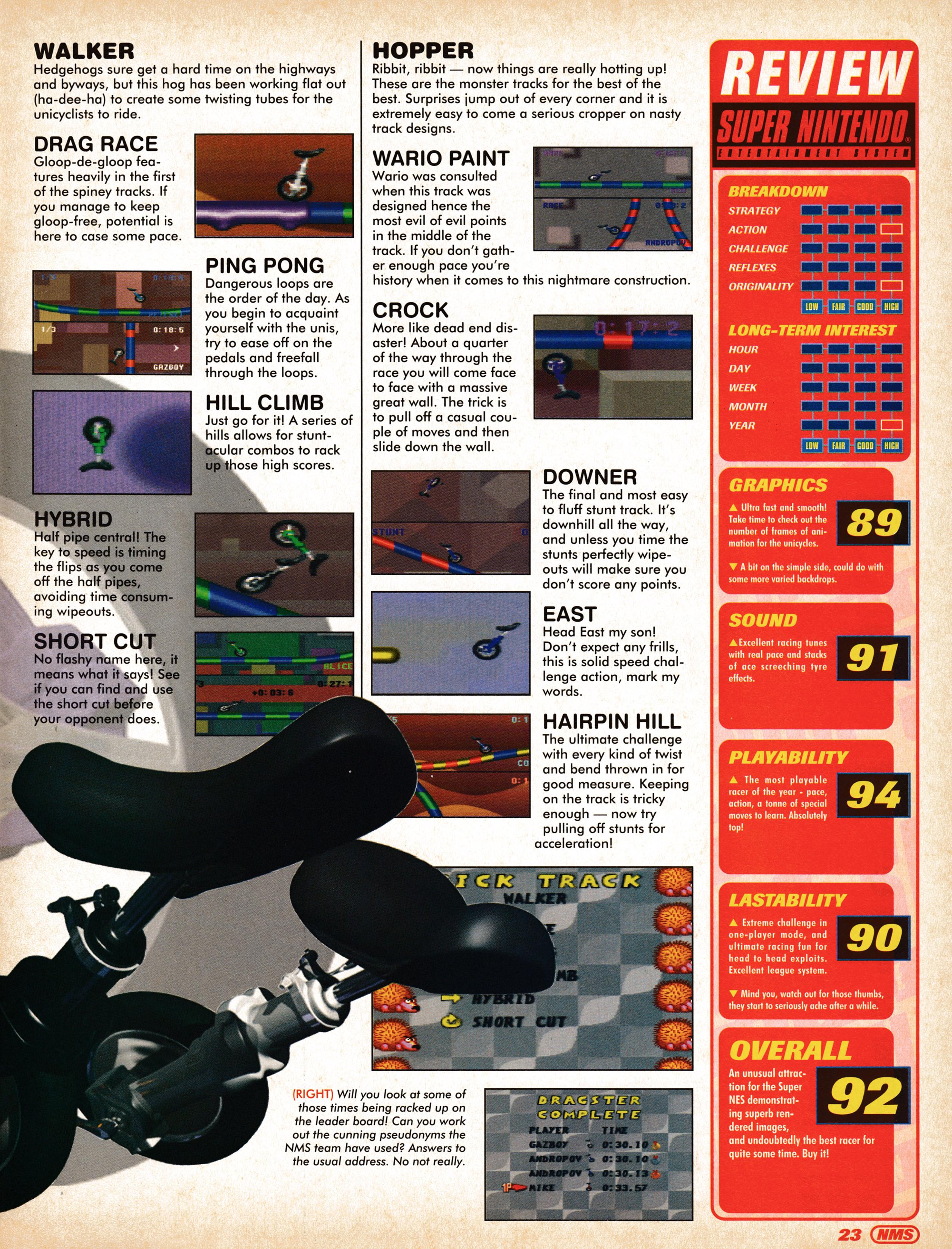 Review for Unirally on Super Nintendo. Taken from Nintendo Magazine System 29 - February 1995 (UK)  score: 92%