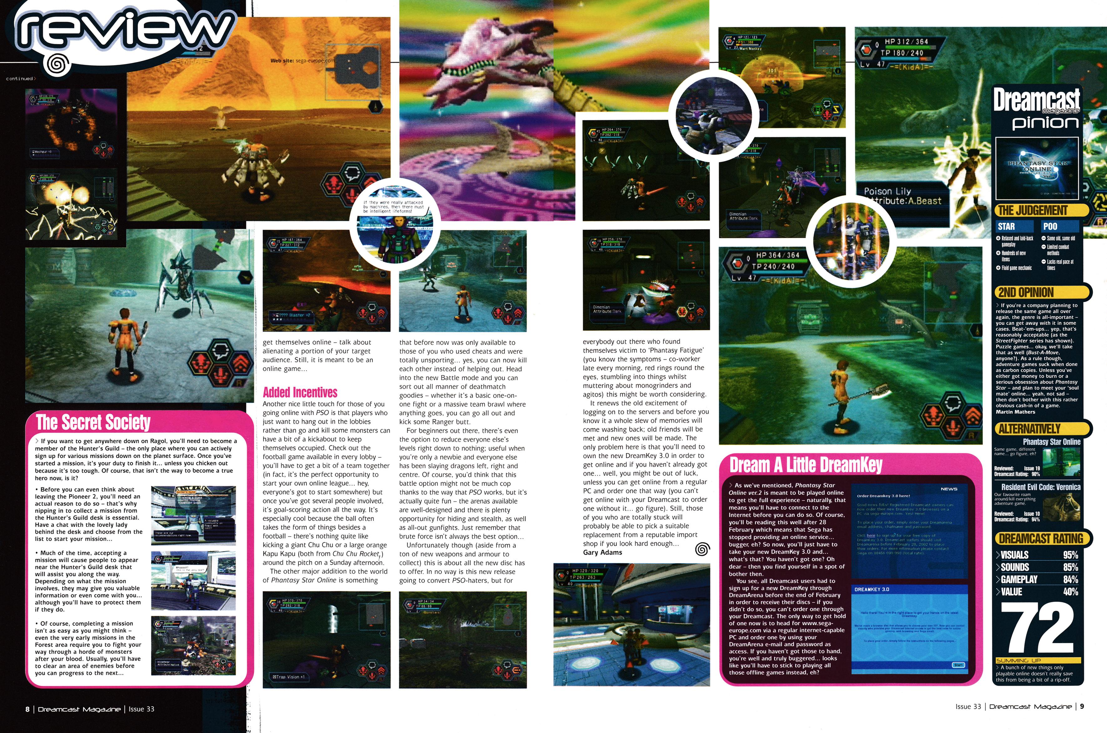 Review for Phantasy Star Online Ver.2 on Dreamcast. Taken from Dreamcast Magazine 33 - March 2002 (UK)  score: 72%