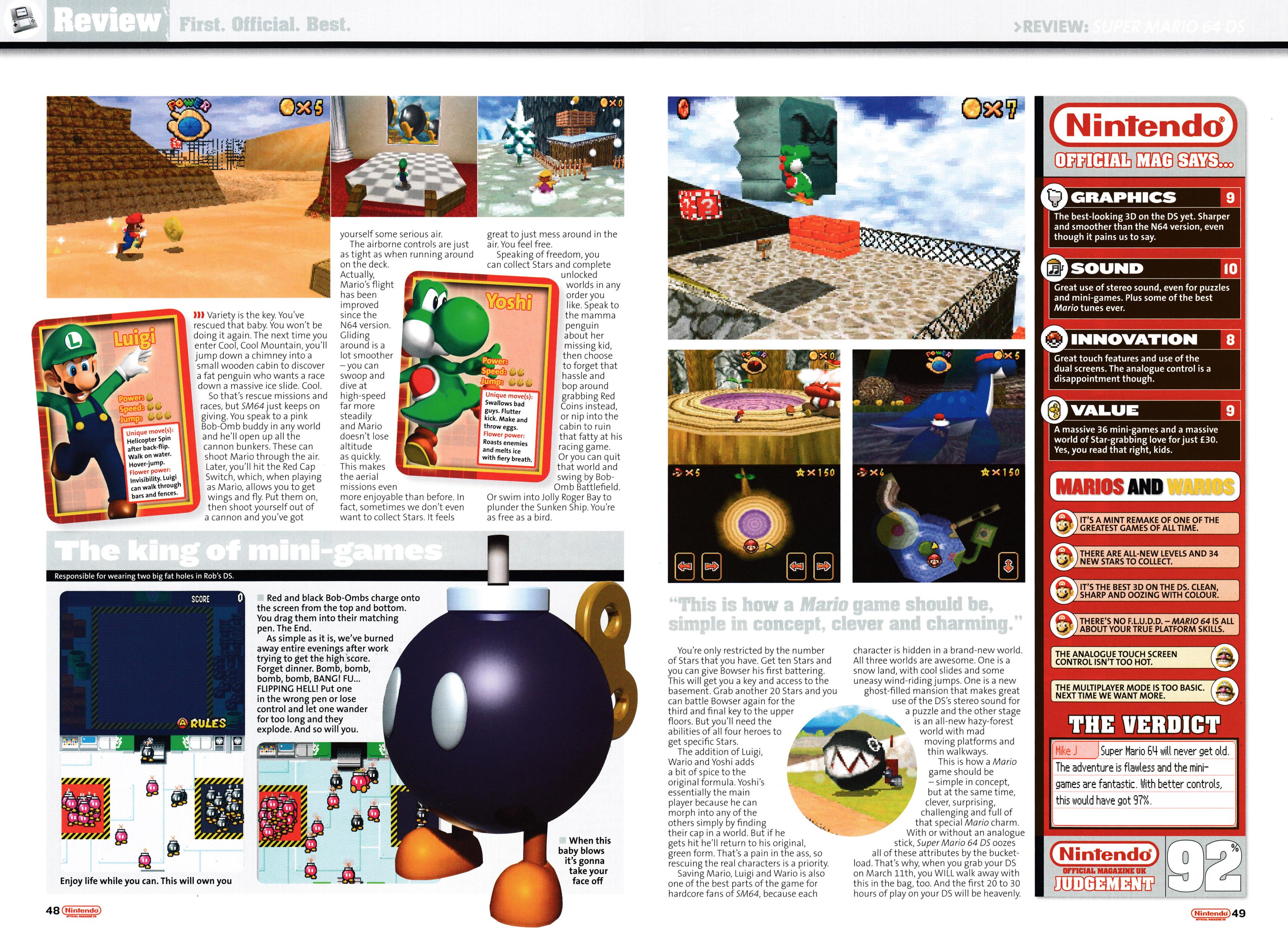 Review for Super Mario 64 DS on the Nintendo DS. Taken from Nintendo Official Magazine 151 - March Special Edition 2005 (UK)  score: 92%