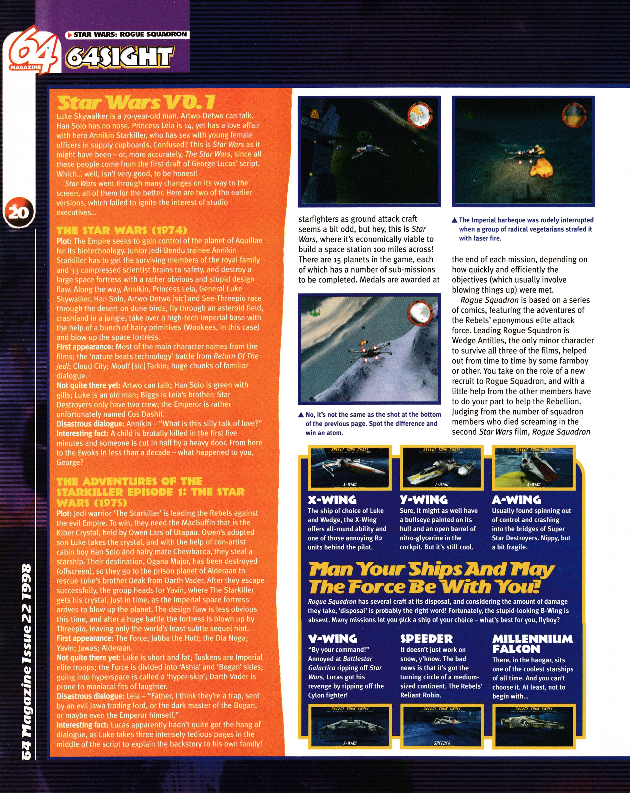 Preview for Star Wars Rogue Squadron on Nintendo 64. Taken from 64 Magazine 22 - January 1999 (UK)