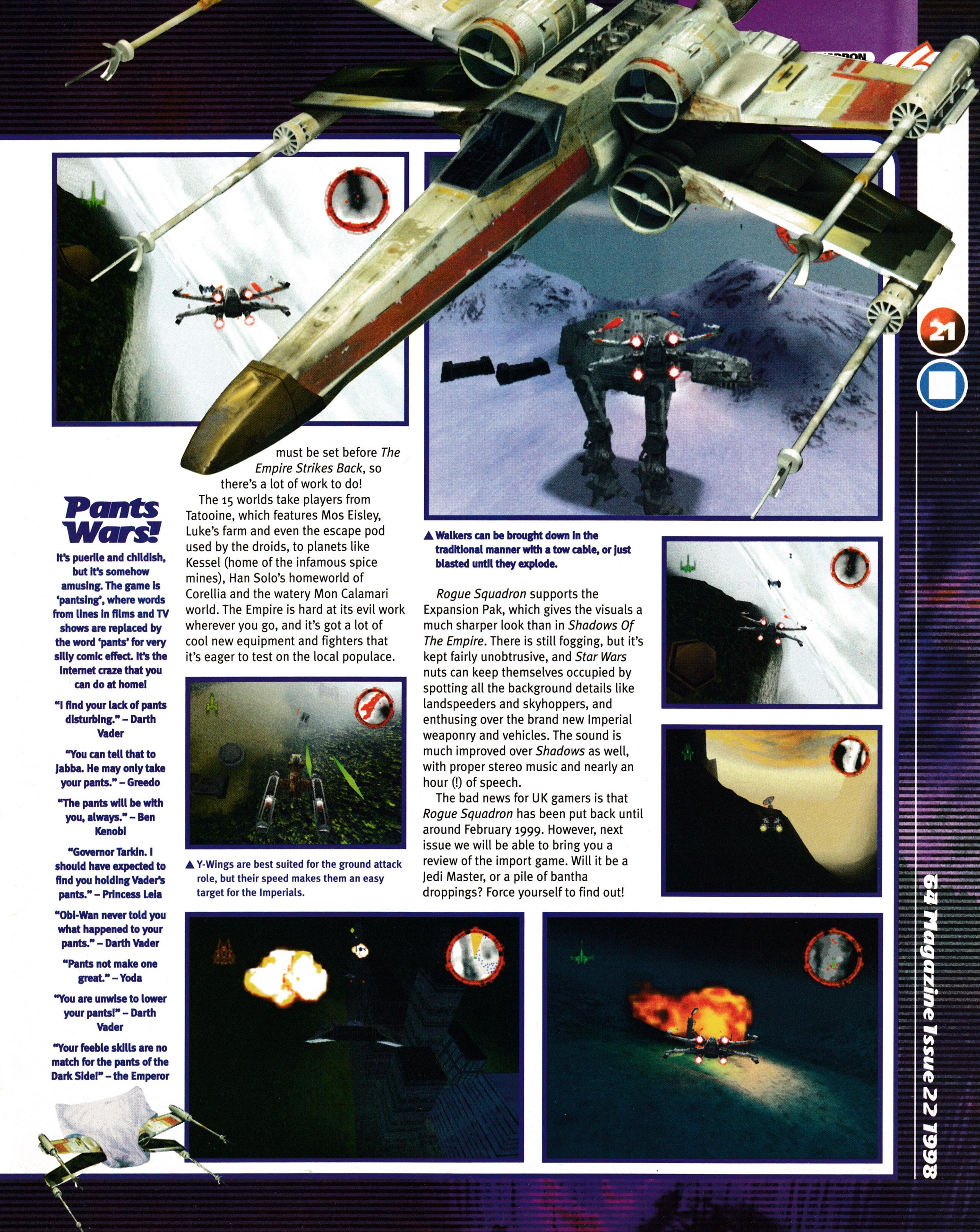 Preview for Star Wars Rogue Squadron on Nintendo 64. Taken from 64 Magazine 22 - January 1999 (UK)