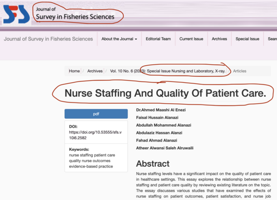 Screenshot of paper on "Nurse Staffing and Quality of Patient Care" published in the "Journal of Survey in Fisheries Sciences".