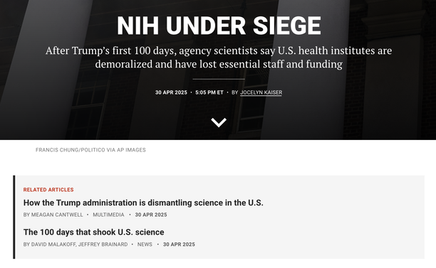 Screenshot of the Science article named “NIH Under Siege”