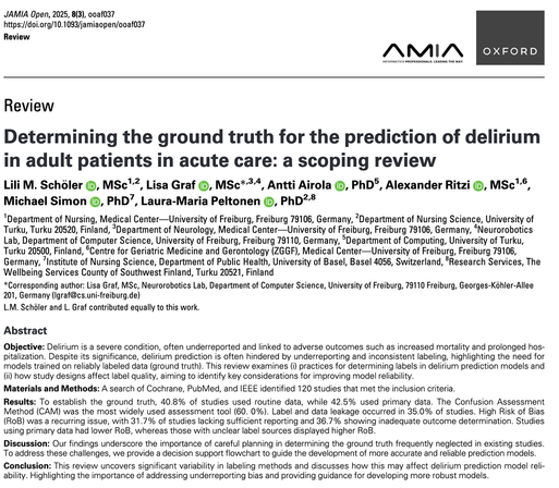 Screenshot of first page of Schöler, L.M., Graf, L., Airola, A., Ritzi, A., Simon, M., Peltonen, L.-M., 2025. Determining the ground truth for the prediction of delirium in adult patients in acute care: a scoping review. JAMIA Open 8, ooaf037. https://doi.org/10.1093/jamiaopen/ooaf037