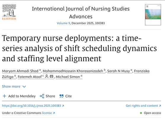 Screenshot des Artikels... "Temporary nurse deployments: a time-series analysis of shift scheduling dynamics and staffing level alignment" erschienen im IJNS advances. 