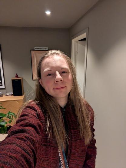 The image presents a young man standing within an apartment.