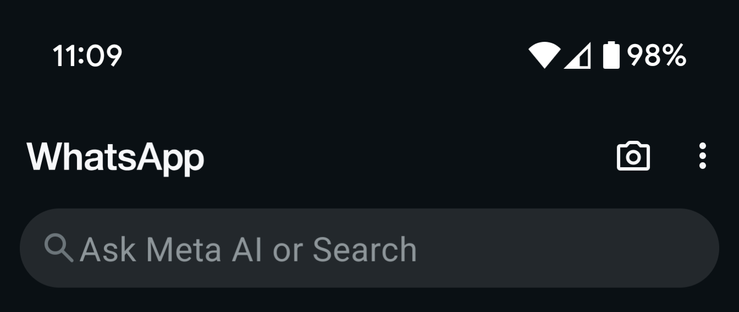 Screenshot of the top of the WhatsApp chat list screen showing the searchbar which reads "Ask Meta AI or Search" with no option not to use AI