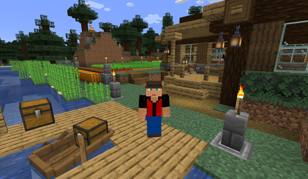 A Minecraft screenshot. It's a 3rd person photo of my in-game self, standing on a dock at a river side. Behind me is a house with dogs on the porch, and a garden with lots of different things growing.