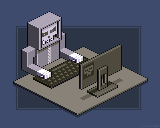 Isometric-style pixel artwork, showing a black hat hacker typing on a keyboard while sitting in front of a monitor.