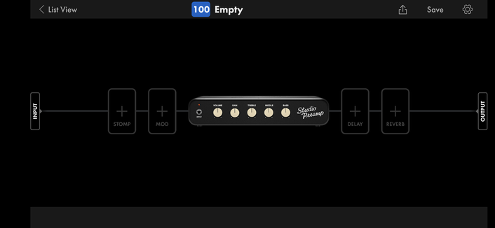 A screenshot of the Fender Tone app showing an "empty" signal chain, with only a "studio preamp" included.