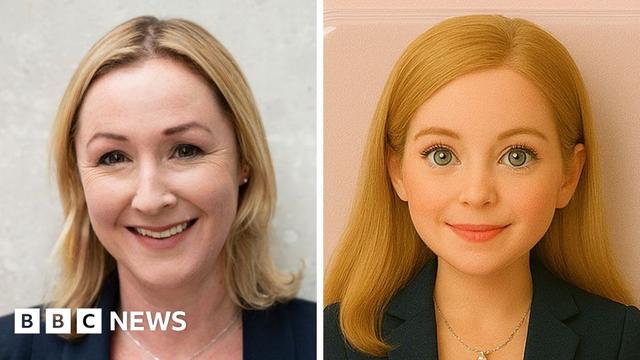 On the left, a picture of Zoe. She is smiling. She has shoulder-length blonde hair, a blue jacket and a silver necklace. On the right, an image generated using ChatGPT of a doll-like version of her. The doll has the same clothes and necklace - but has morphed her dark eyes into a light green, and darkened her hair.