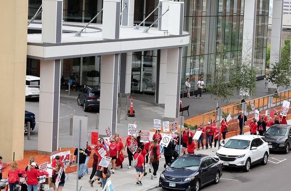 Picketers march. 