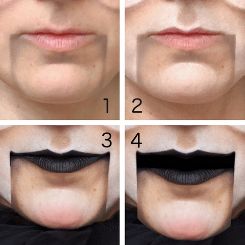 Image is divided into four squares, numbered 1,2,3,4, showing the ventriloquist dummy makeup steps described in the post.