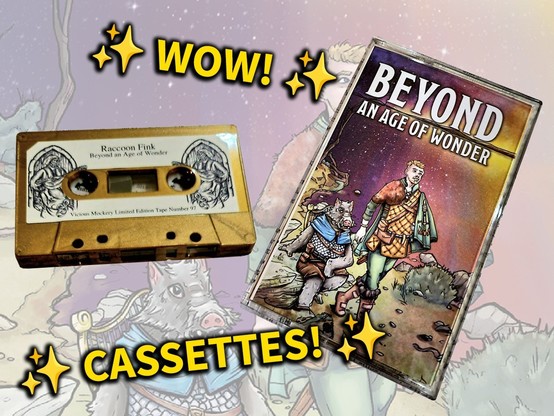 a goofy ad with pictures of a gold cassette and case, captioned “WOW! CASSETTES!”
