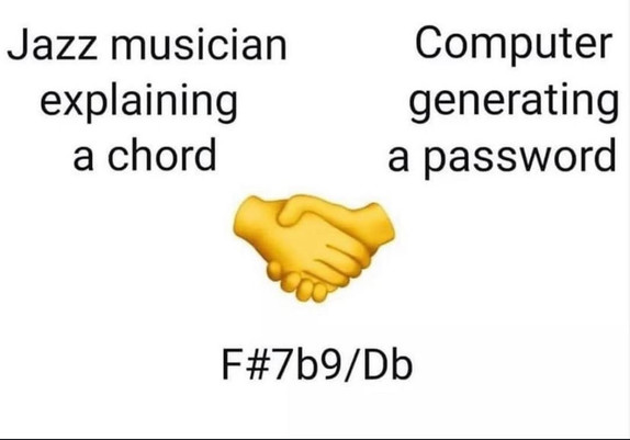 Jazz musician explains a cord
Handshake
Computer generating a password
F#7b9/Db